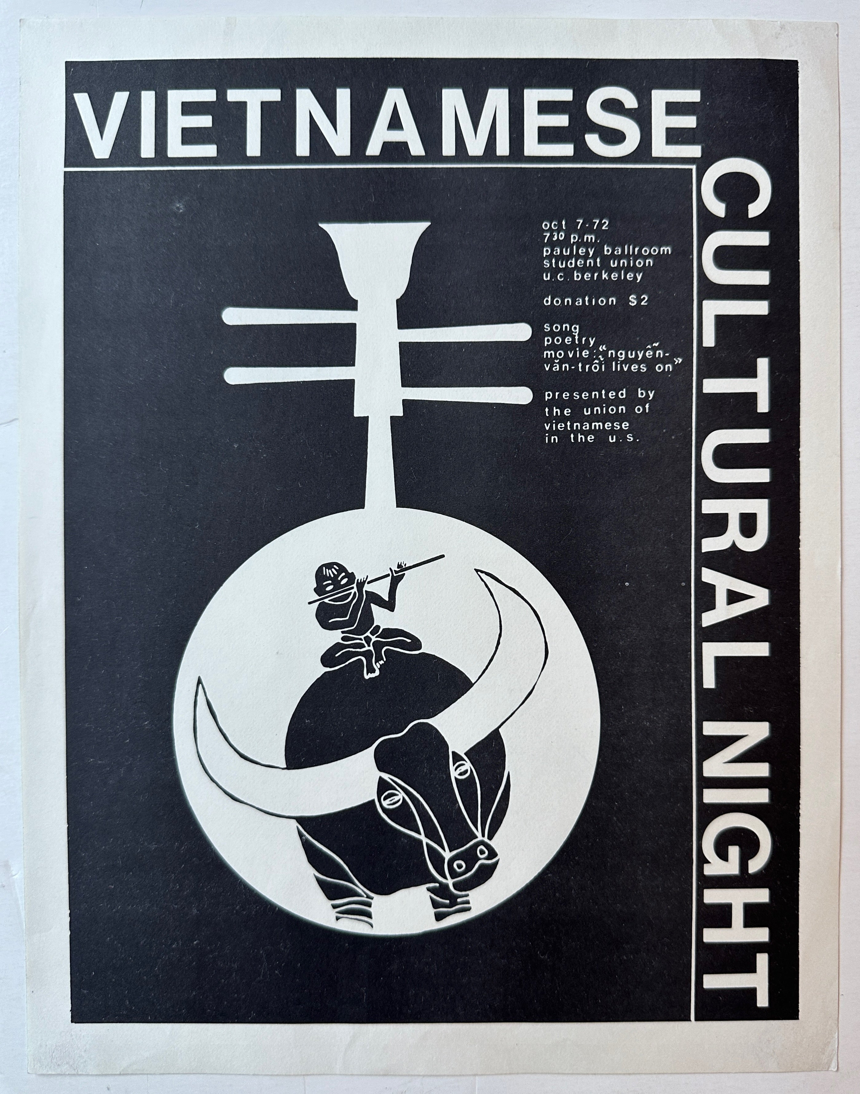 11x9 1972 UC berkeley poster promoting vietnamese cultural night event featuring drawing of a man playing flute atop a bull