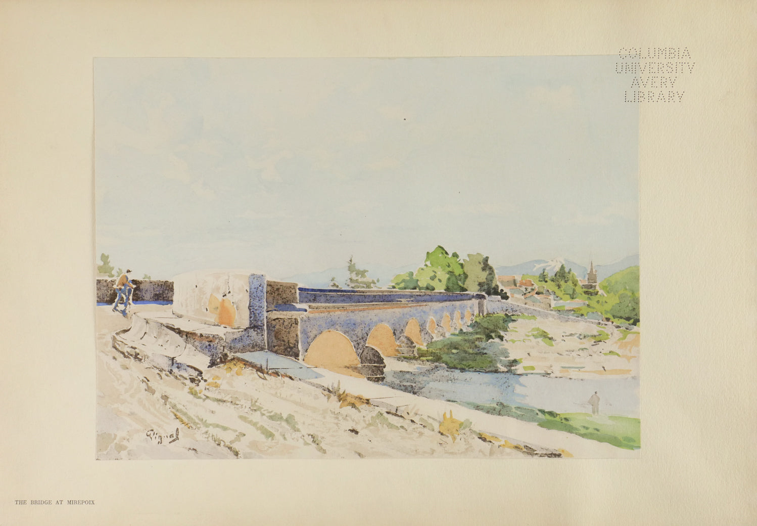 A stone bridge with several arches is over a river, with a riverbank filled with plants alongside it, and a faroff city in the back. Print of a watercolor.
