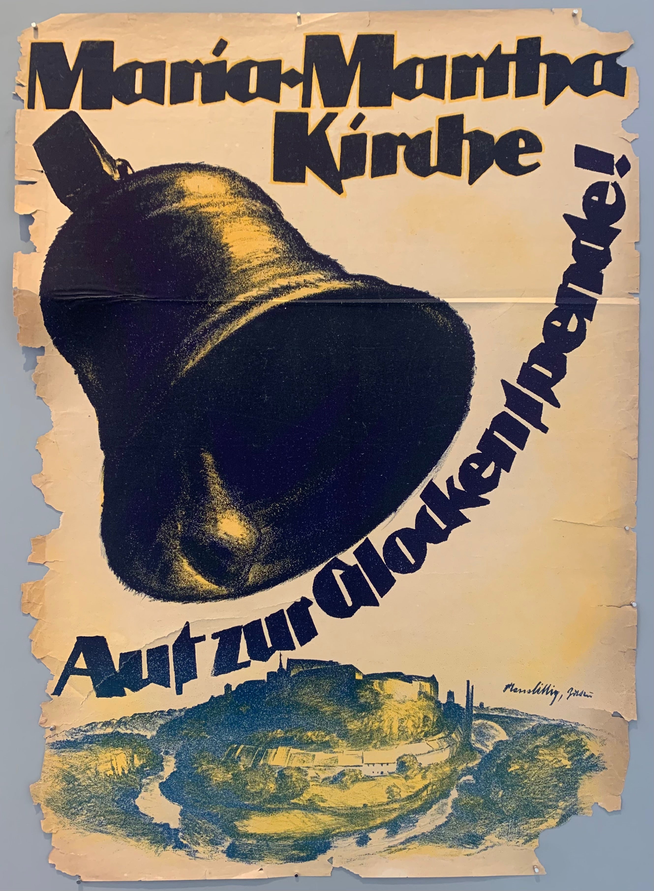 Poster advertising donations to the Maria-Martha church in Germany. A large bell is shown swinging over a town with a river curving around it.