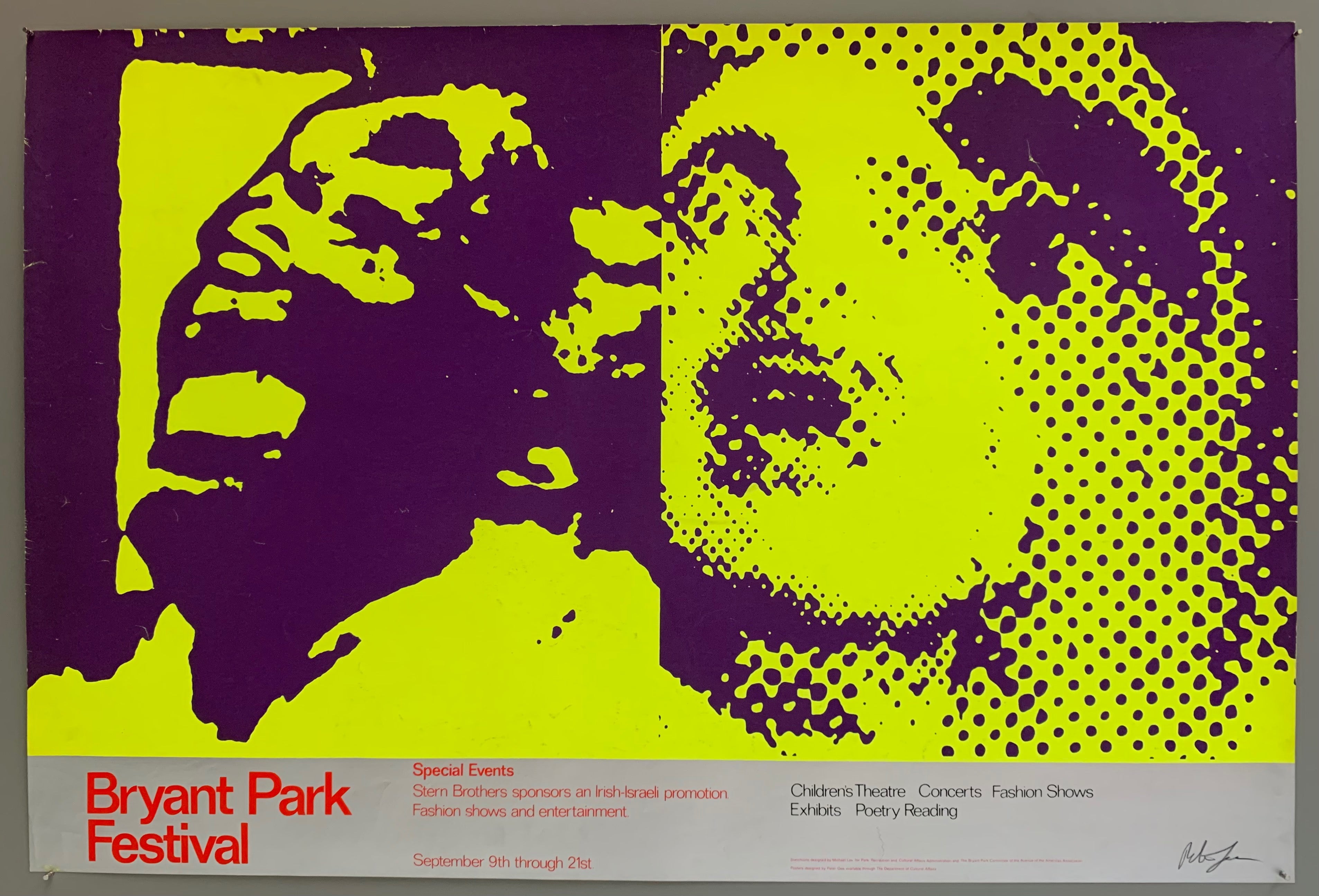 A man and a woman are shown with dramatic expressions, the highlights and shadows colored in a distinctly pop art style. The colors used are neon yellow and purple.
