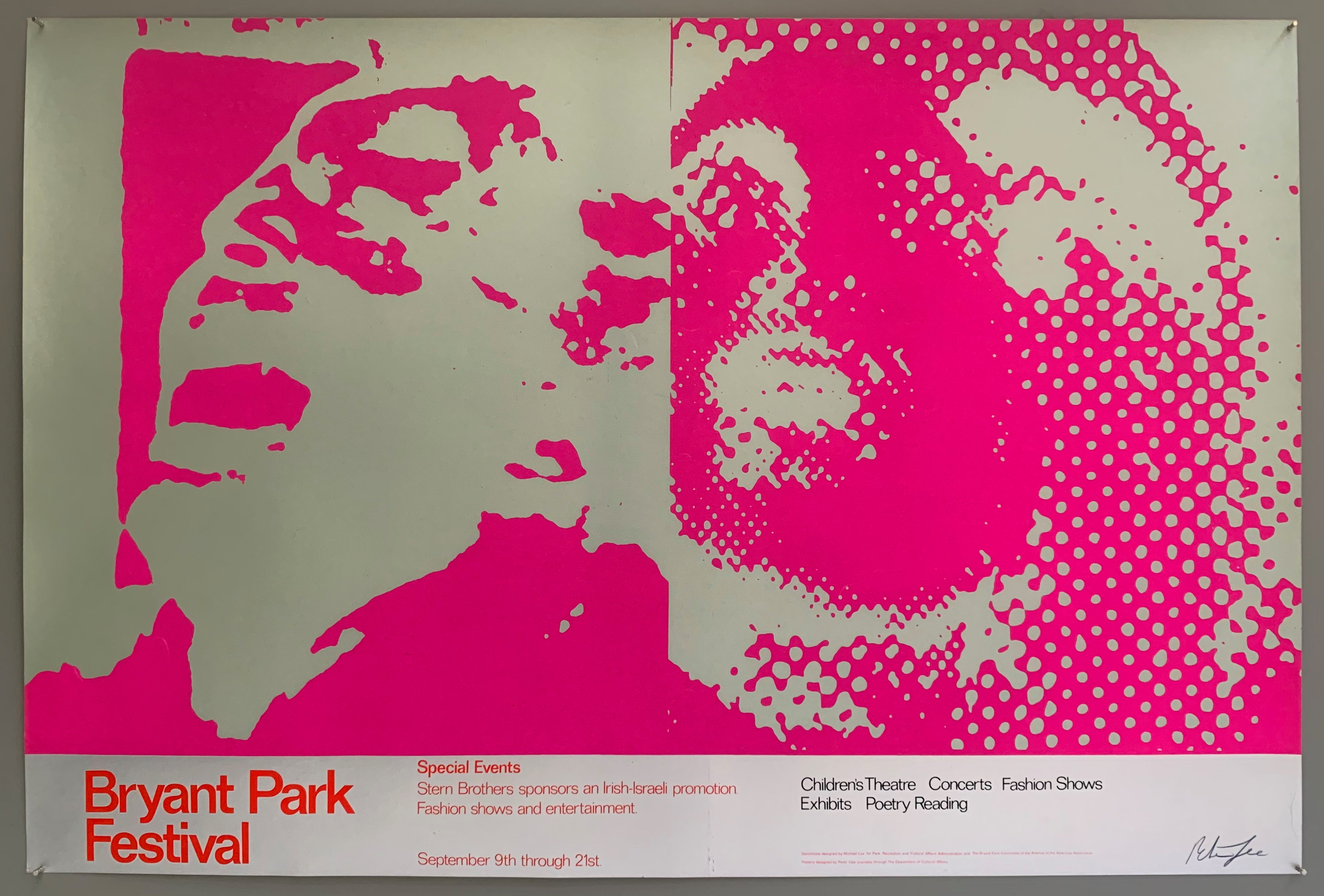 A man and a woman are shown with dramatic expressions, the highlights and shadows colored in a distinctly pop art style. The colors used are magenta on silver.