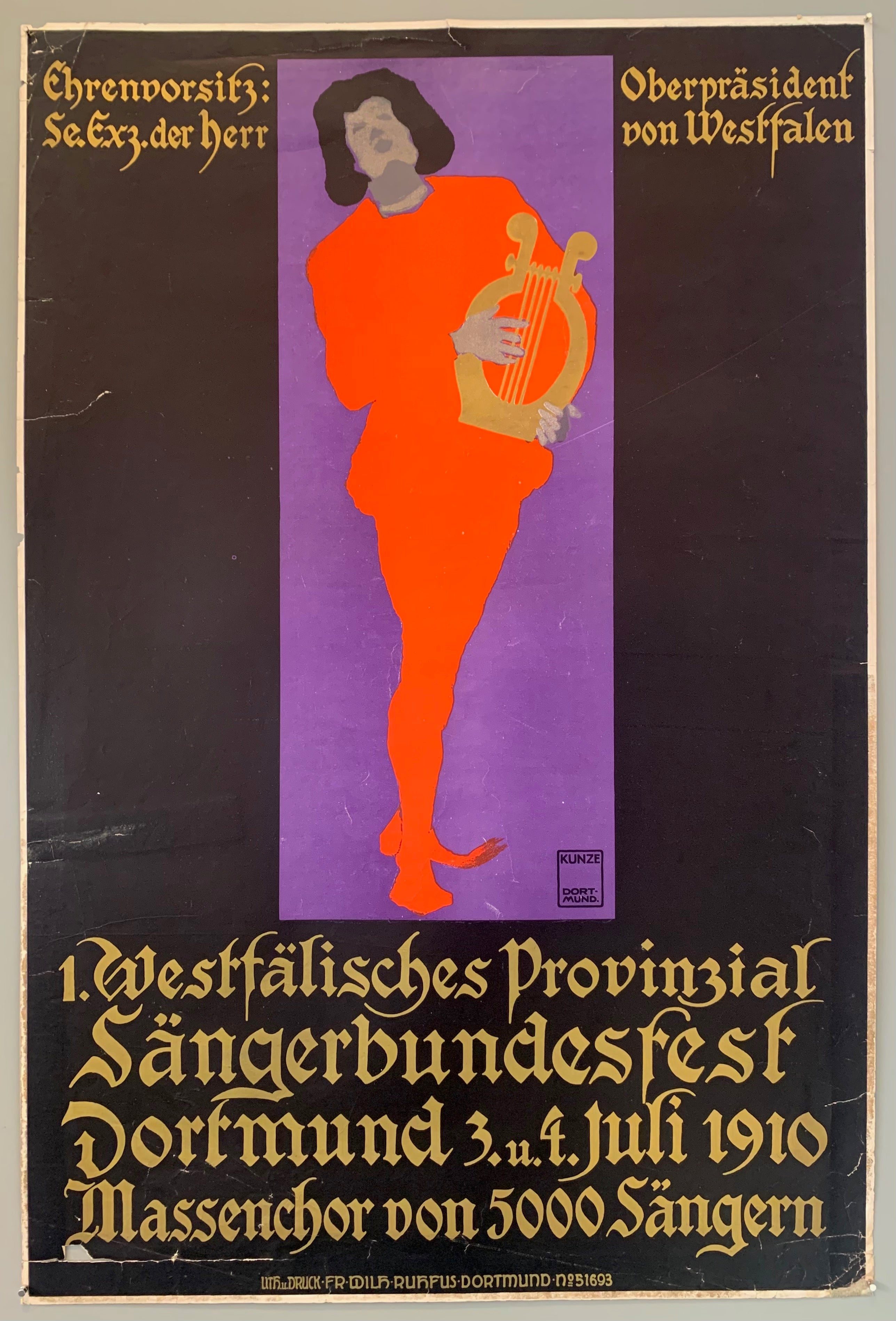 Poster for a singers federation taking place in Dortmund in 1910. Poster shows a man holding a lyre in a red costume in front of a purple background.