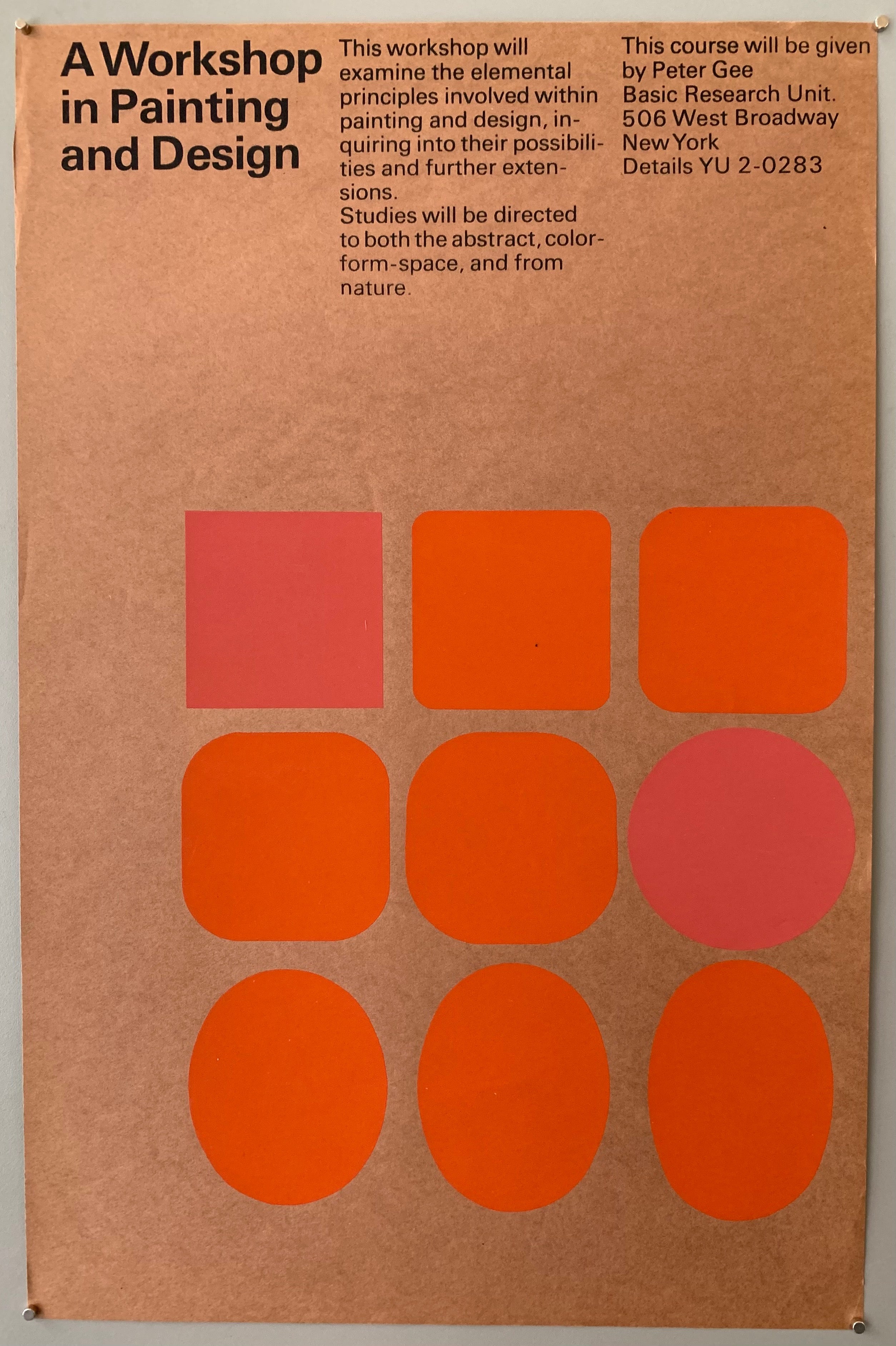 Salmon colored poster with orange and pink squares and ovals