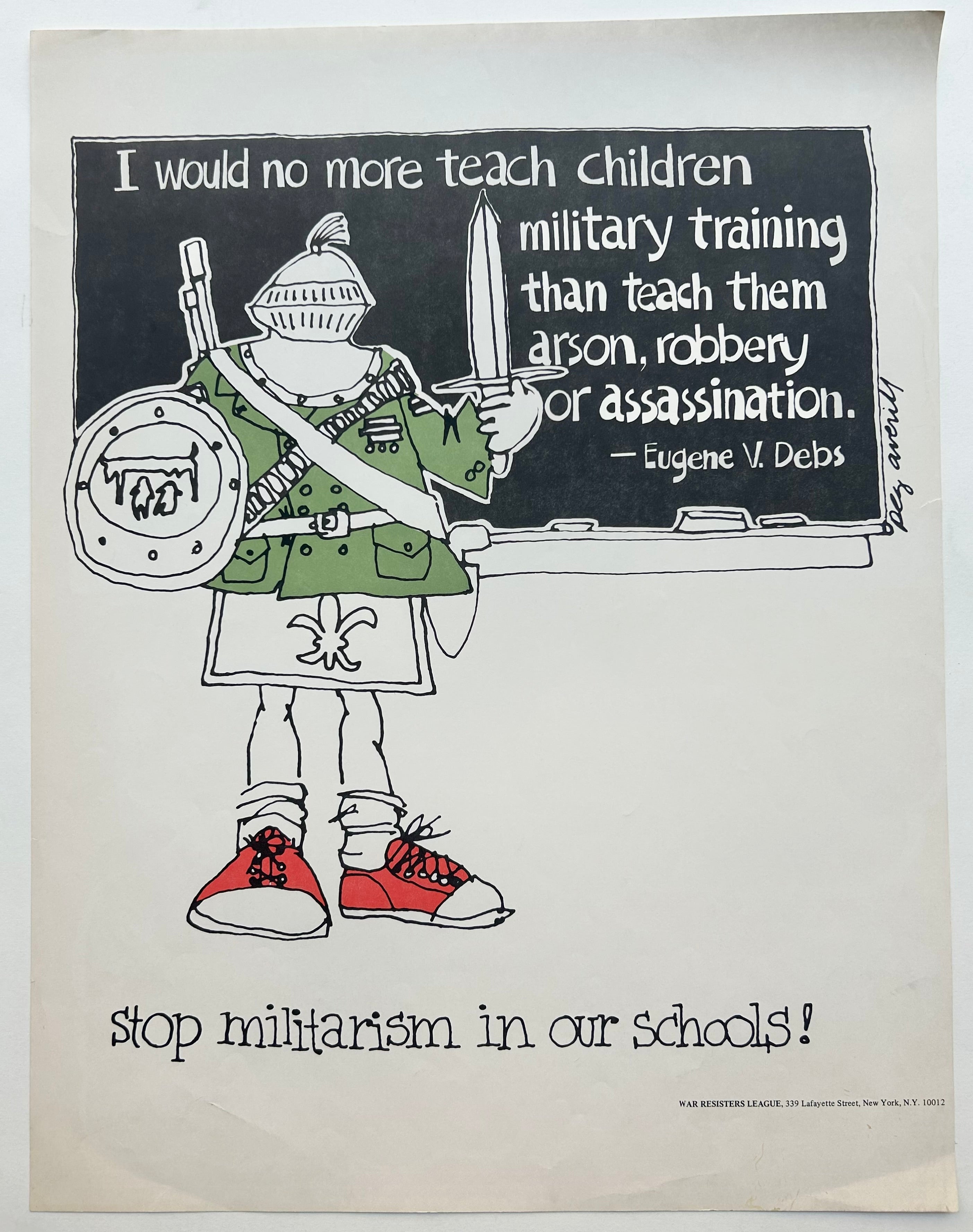 White background, with black text. A soldier with red high tops is shown in front of a blackboard, with the Debs quote written on it.