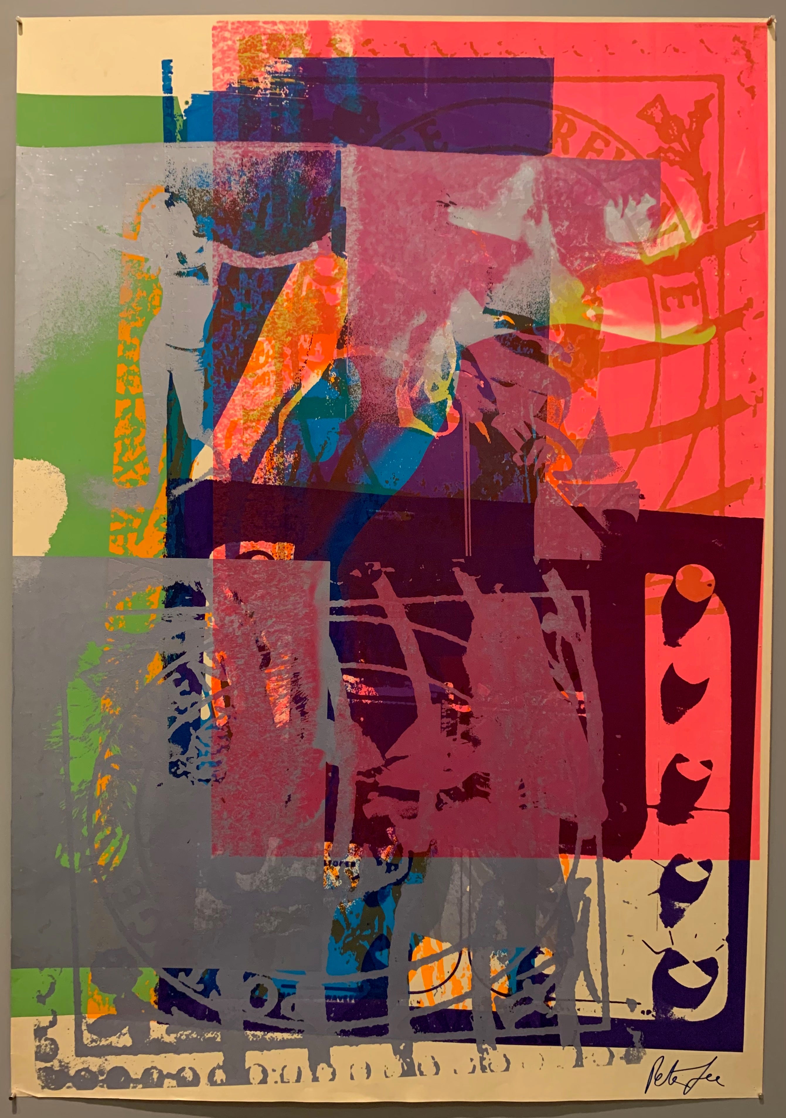 A mix of pop art-style images lay over each other in many neon colors.