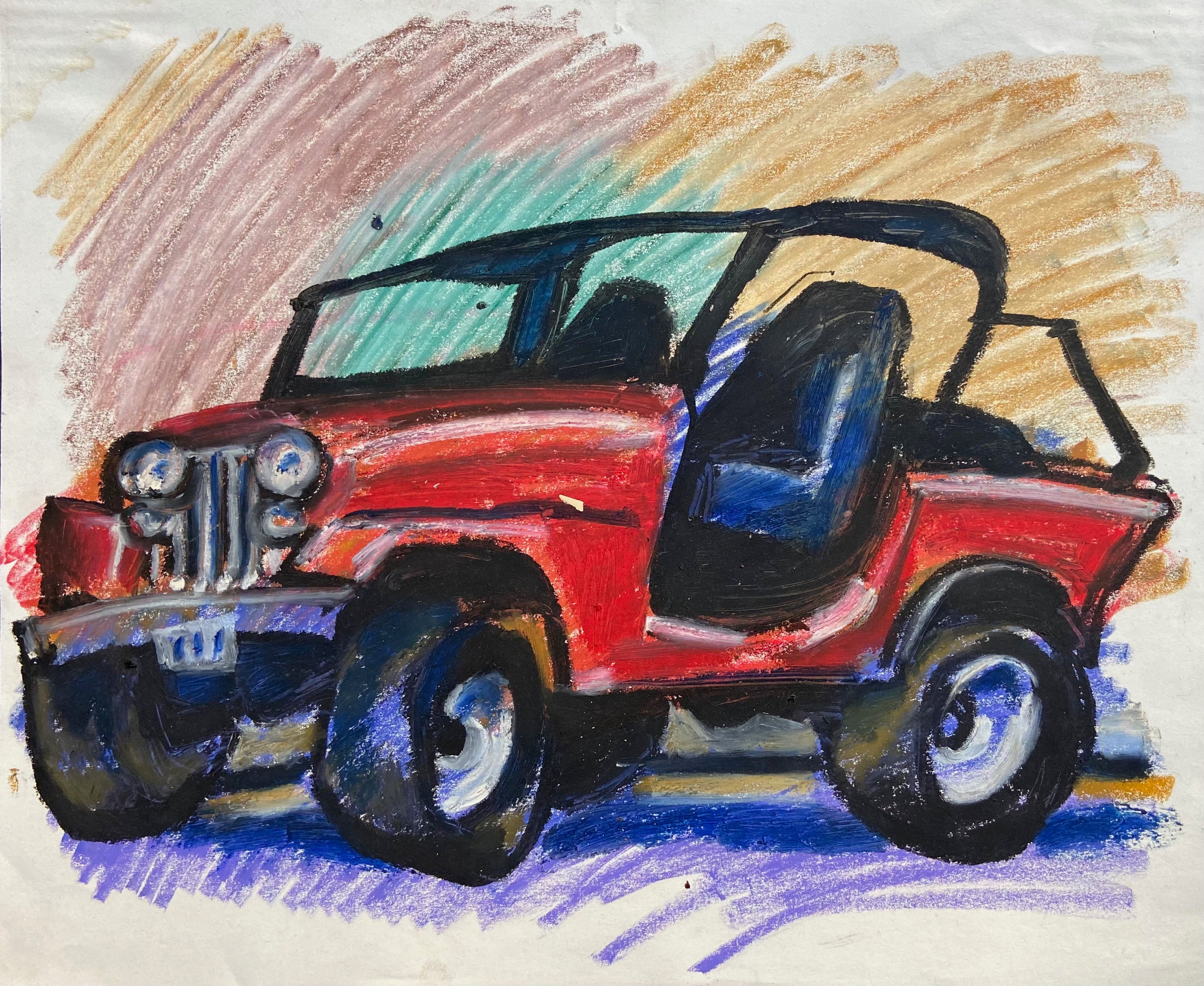 oil stick drawing of a red car