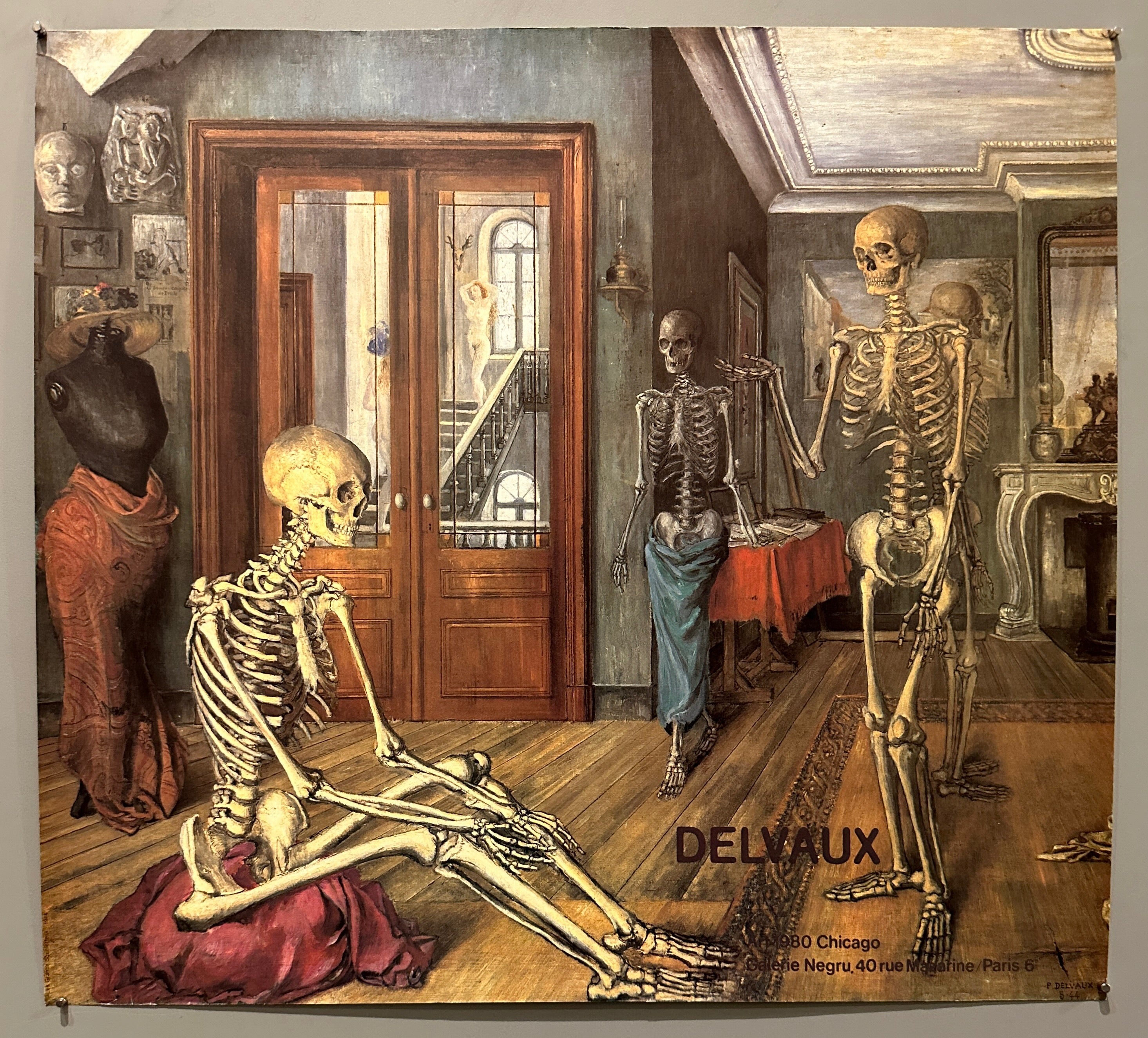 19x21 paul delvaux exhibition poster featuring skeleton piece by delvaux with exhibition information below
