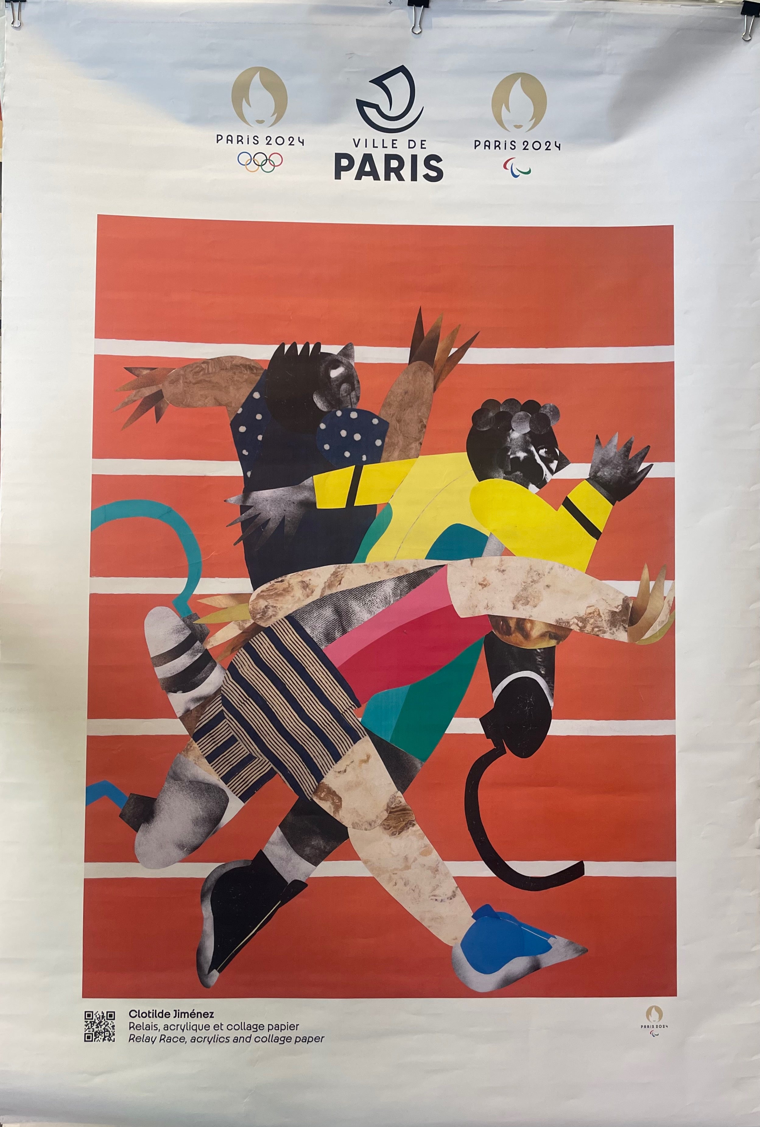70x47 french 2024 olympics cultural olympiad poster featuring collage of three paralympic runners on race track