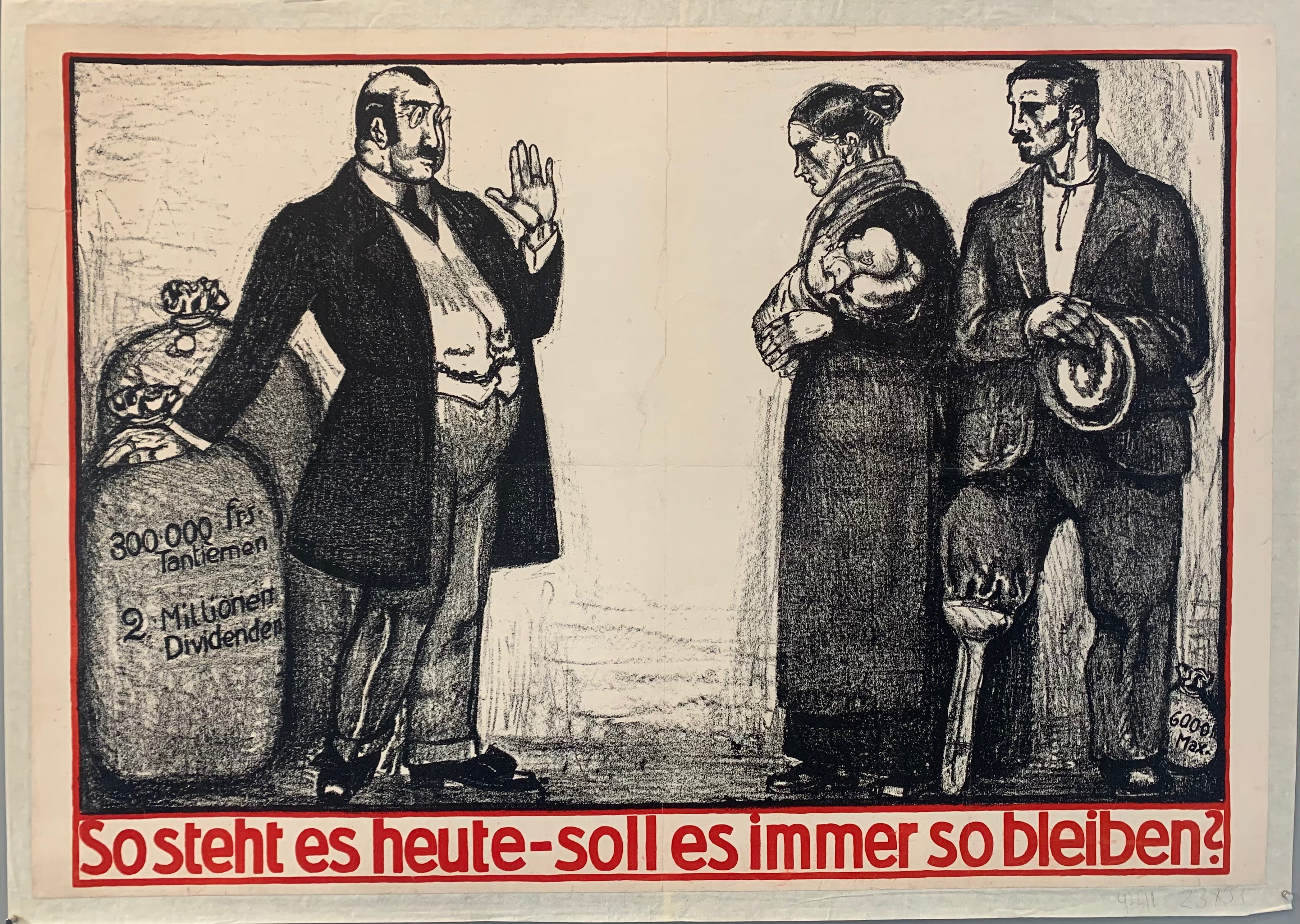 A man in a suit holds bags of money behind him while holding his hand up to a poor family, the husband a war veteran. The suited man holds back 30.000 francs royalty and 2 million in dividends.