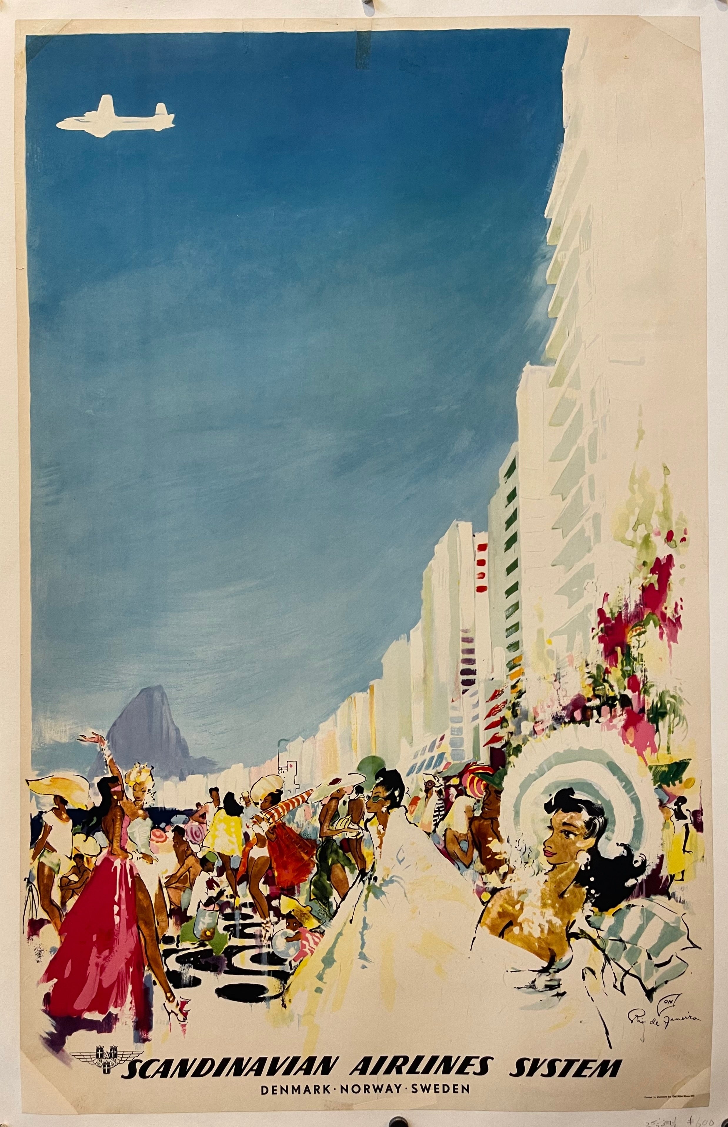 39.5x25.5 Scandinavian Airlines System poster featuring a celebration at Rio de Janeiro, with oil painting-style rendition of people taking up the bottom third of the poster and a blue sky as the majority