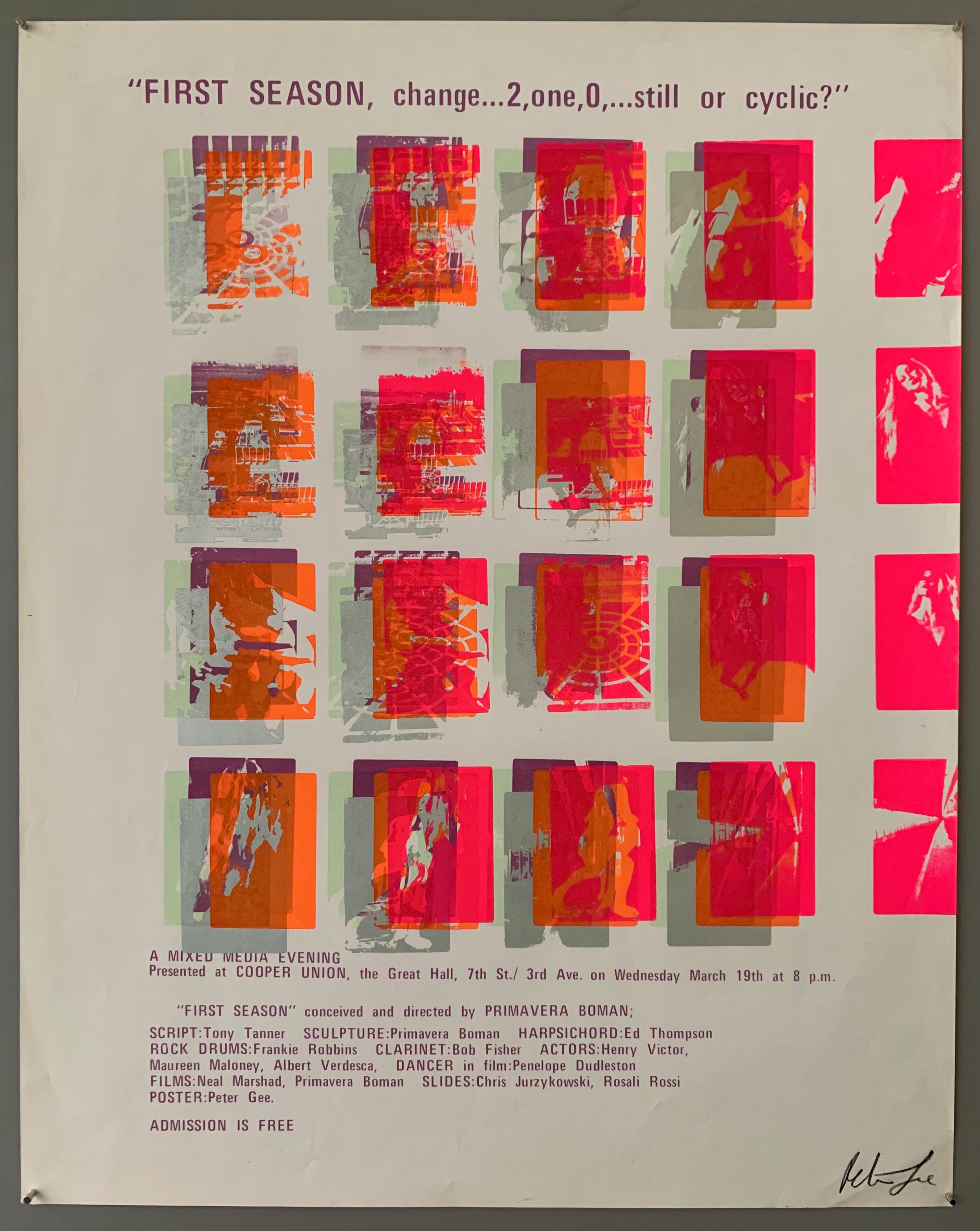 A series of squares containing scenes are shown. The text is on the top and the bottom in purple. The style of printing is pop art, where a lot of colors are put on top of each other. The colors featured are purple, neon pink and orange, grey, and light green.