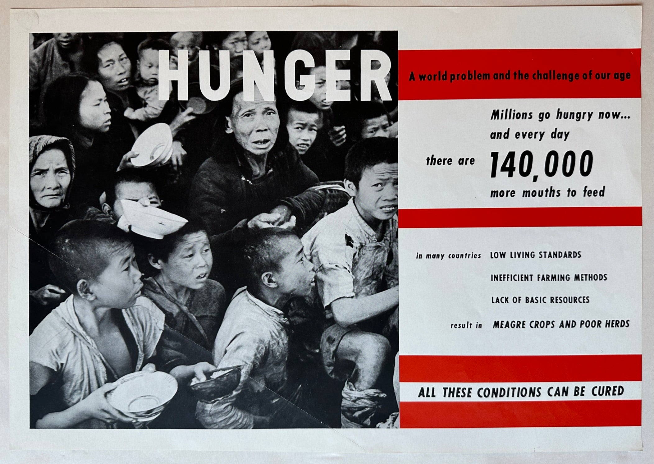 20x14 1960s FAO freedom from hunger campaign poster with statistics on world hunger and black and white photo of hungry group of people
