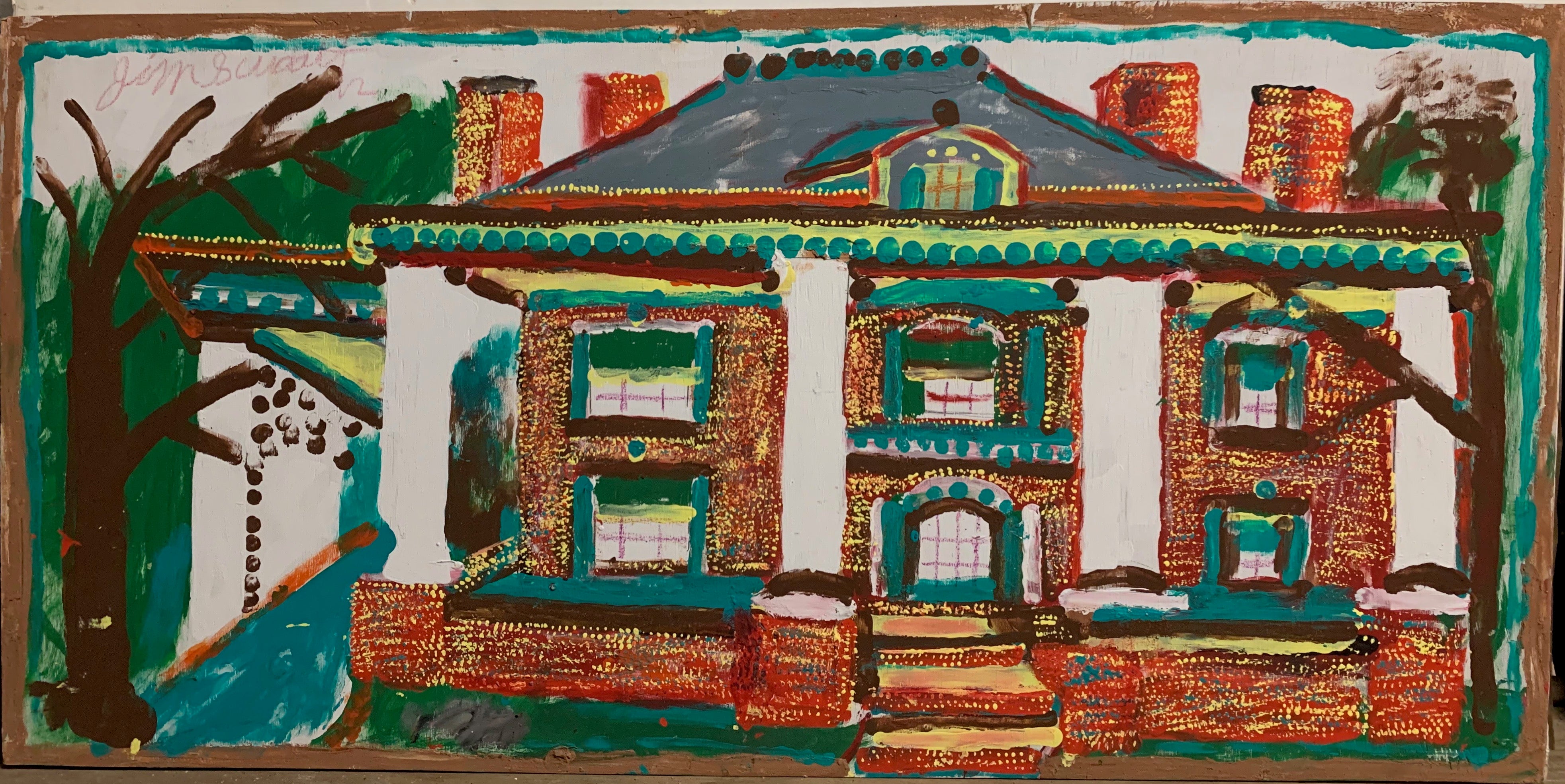 A painting of a multi-colored mansion.