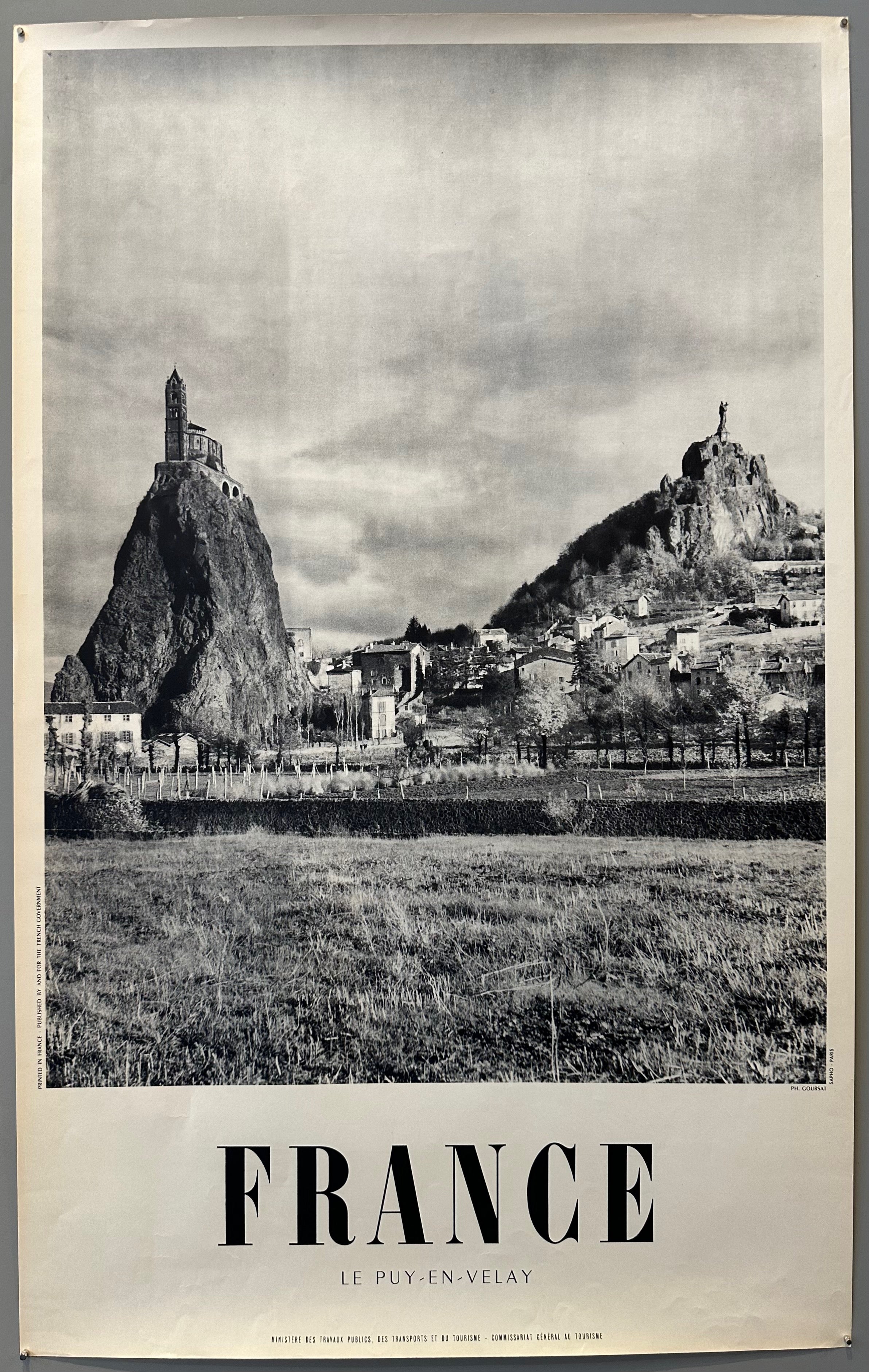 40x25 1950s black and white french travel poster featuring photo of le puy en velay, with le puy cathedral visible