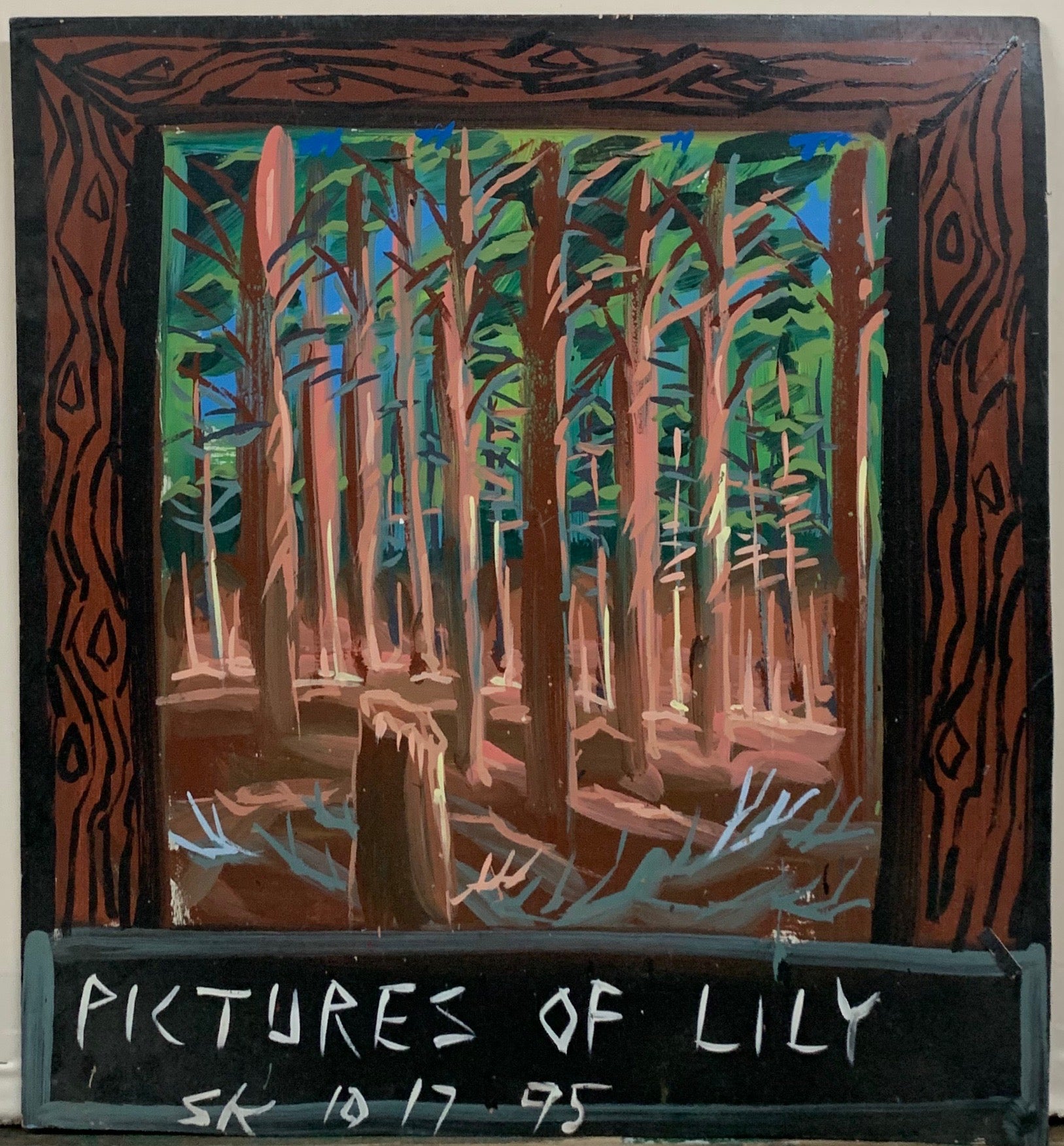 A Steve Keene painting of a forest full of tall skinny trees.