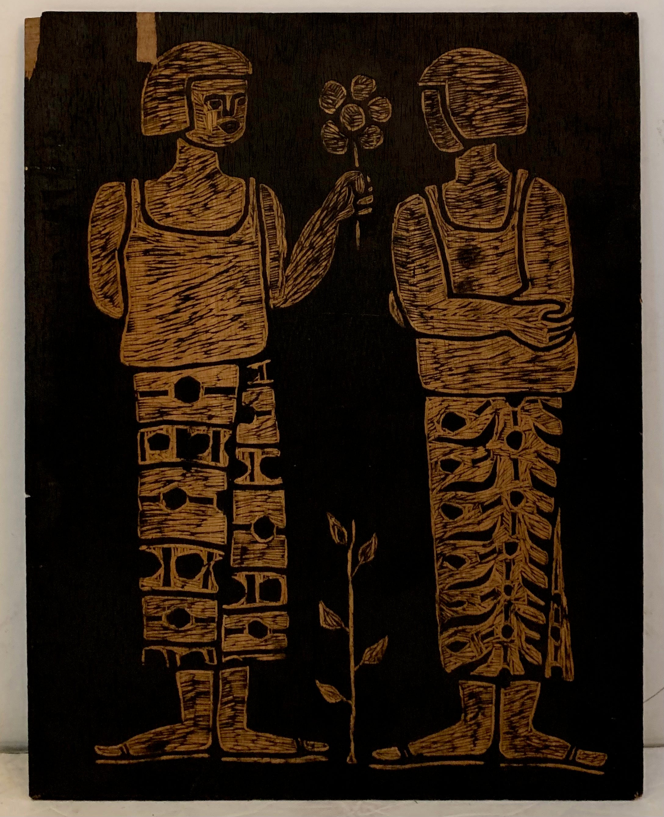 Woodblock of a figure offering another a flower and two women behind a disk.