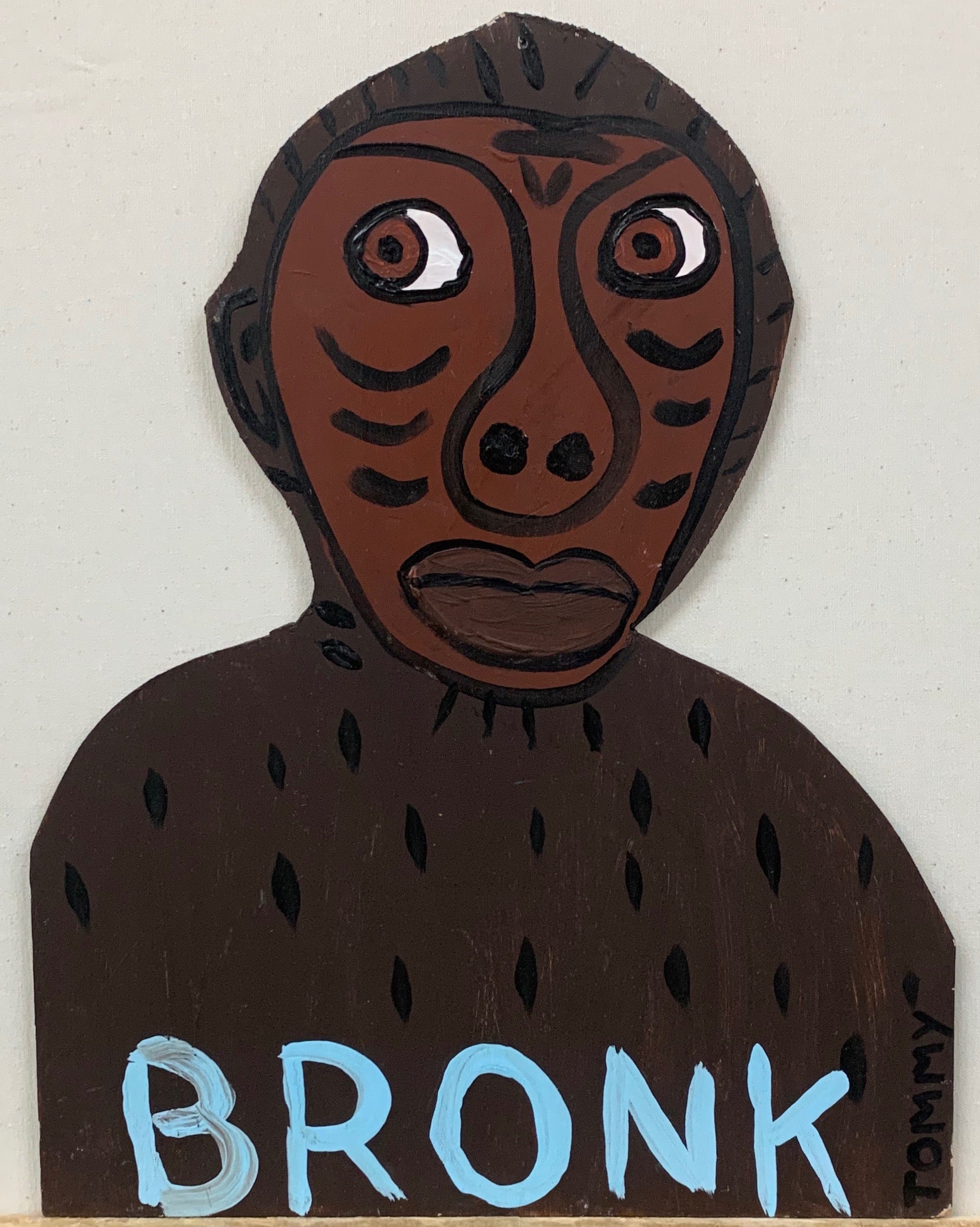 Painting of a gorilla labeled in blue lettering, Bronk.
