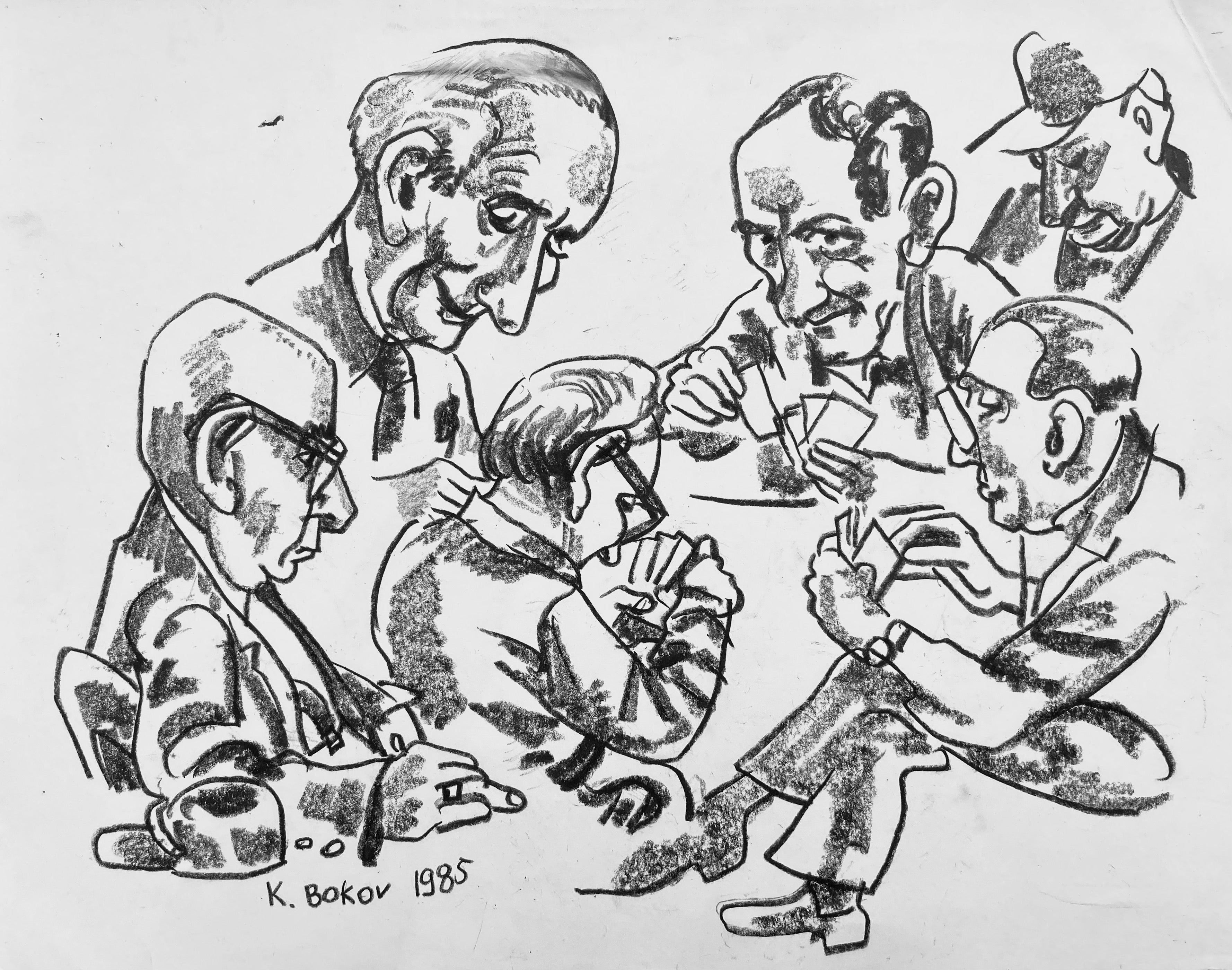 charcoal drawing of a card game