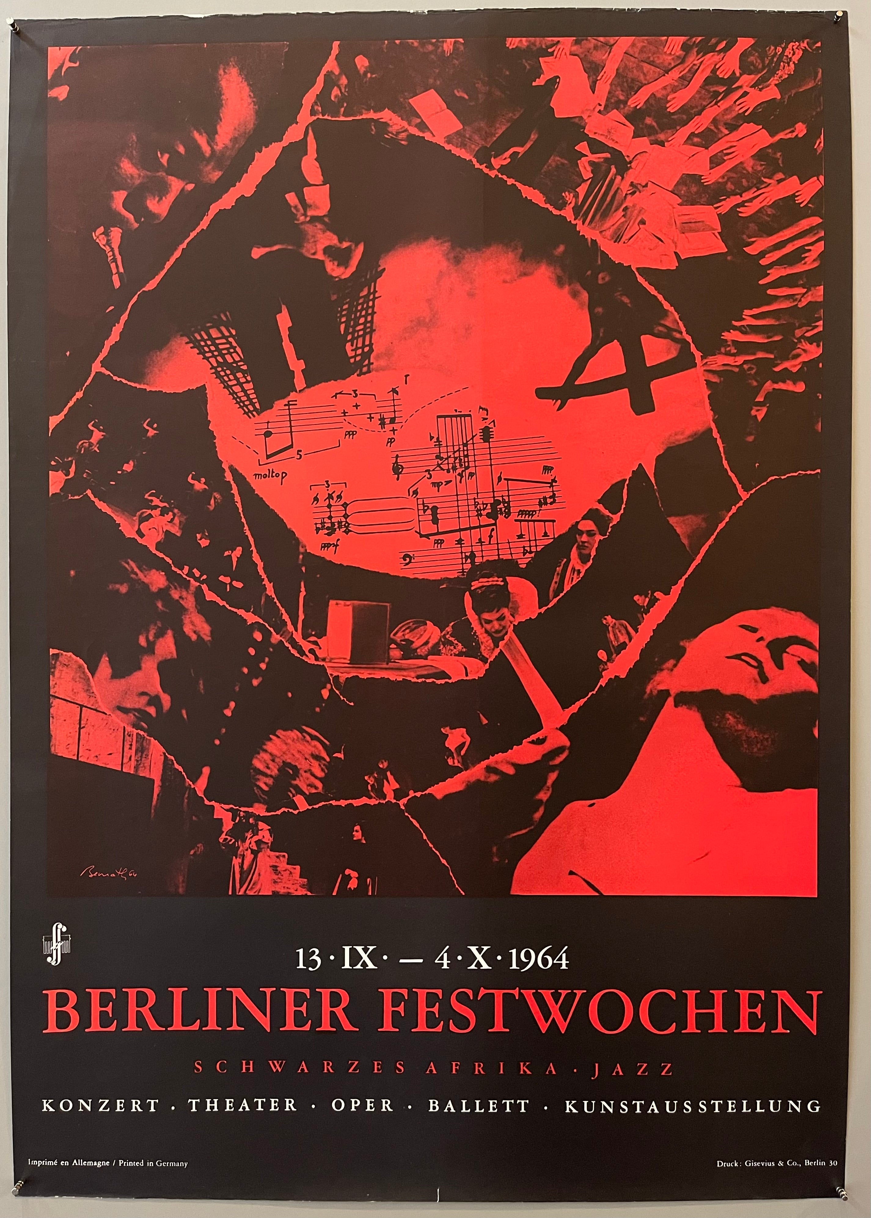 Red and black graphic with various clippings of images such as a woman's head tilted back, sheet music, and an orchestra playing