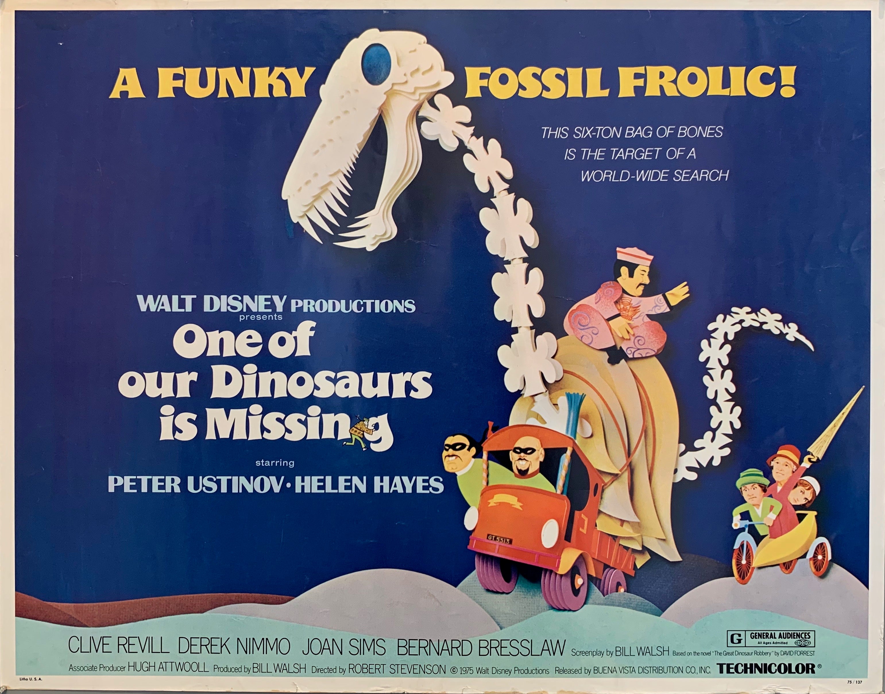 disney movie poster showing dinosaur bones blue background men on a train and a man on the dinosaur