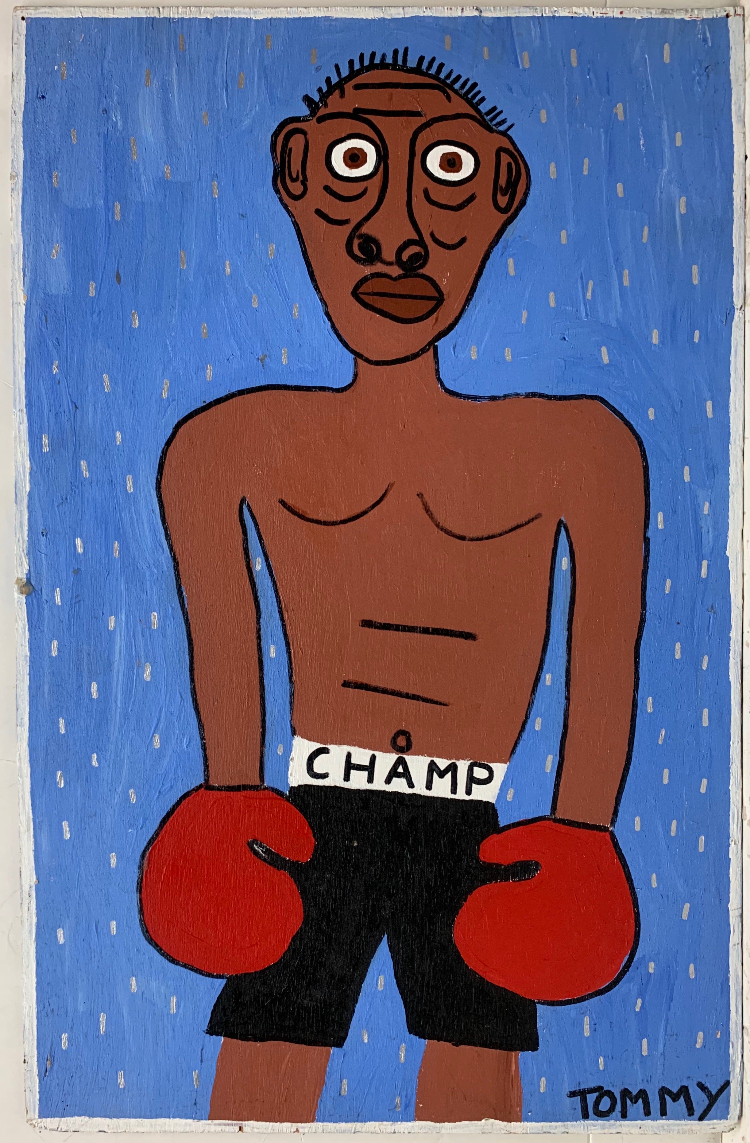 A Tommy Cheng portrait of a boxer with red gloves and black shorts labeled "Champ."