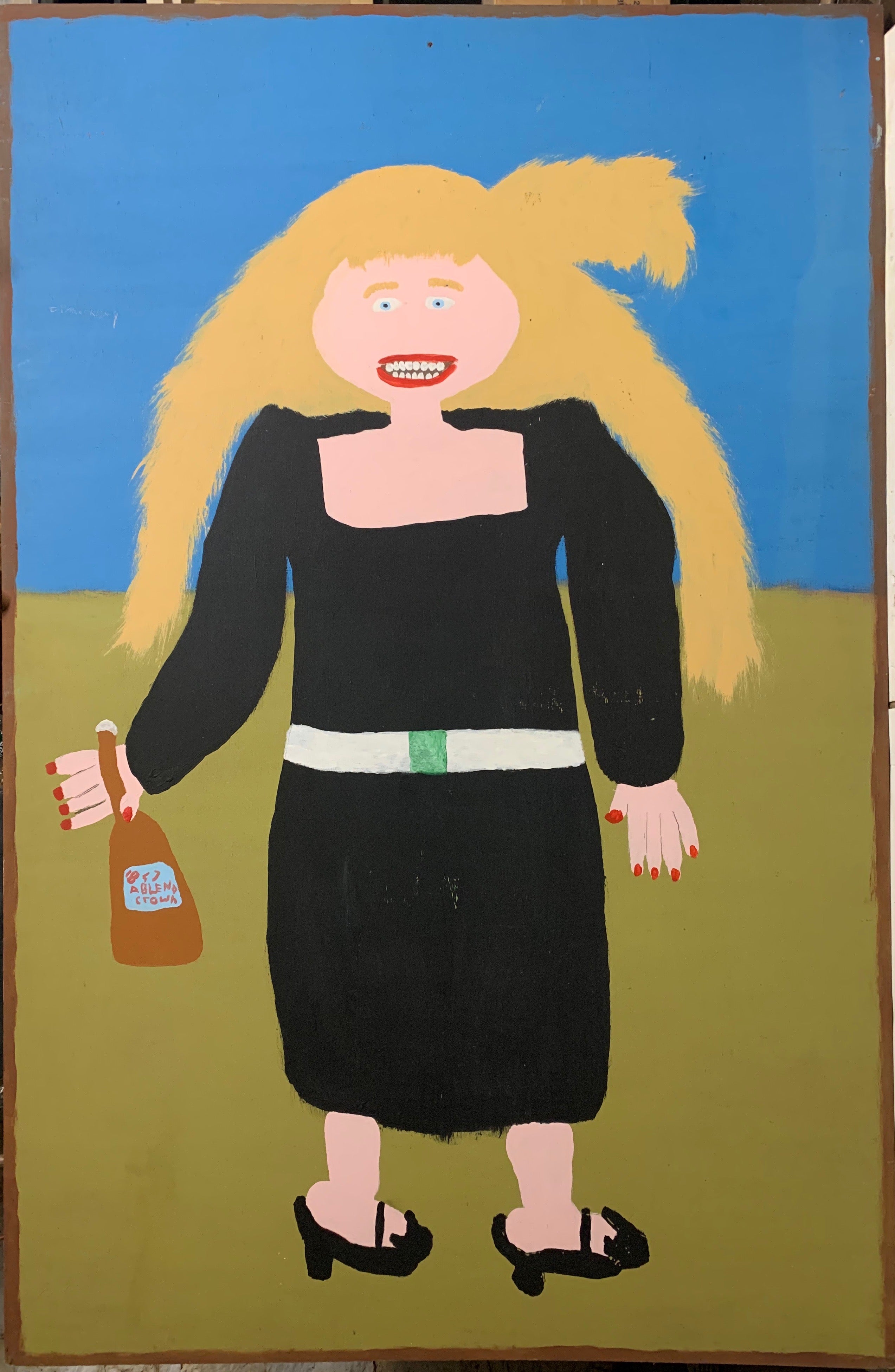 Jake McCord painting of a blond woman holding a bottle of alcohol.