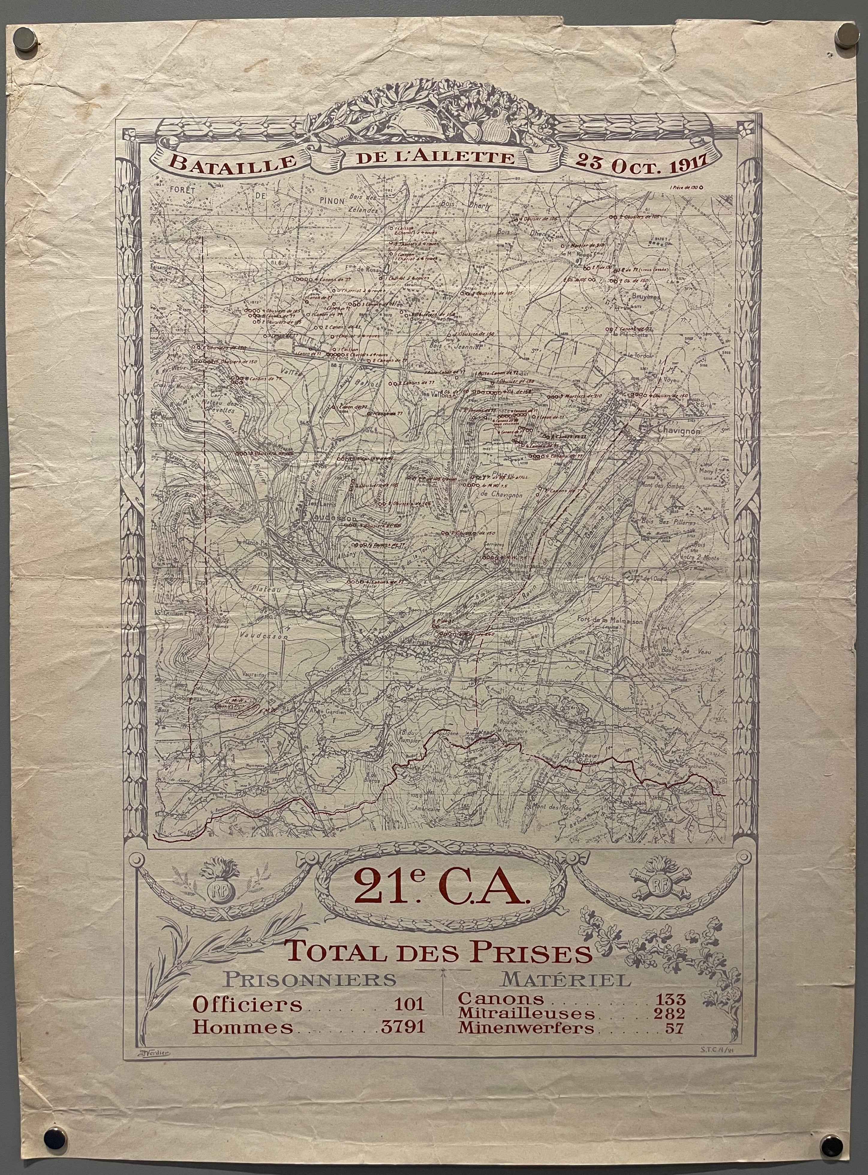 19.5x14.5 informational poster and map of bataille de l'ailette 1917, list of casualties and weaponry involved