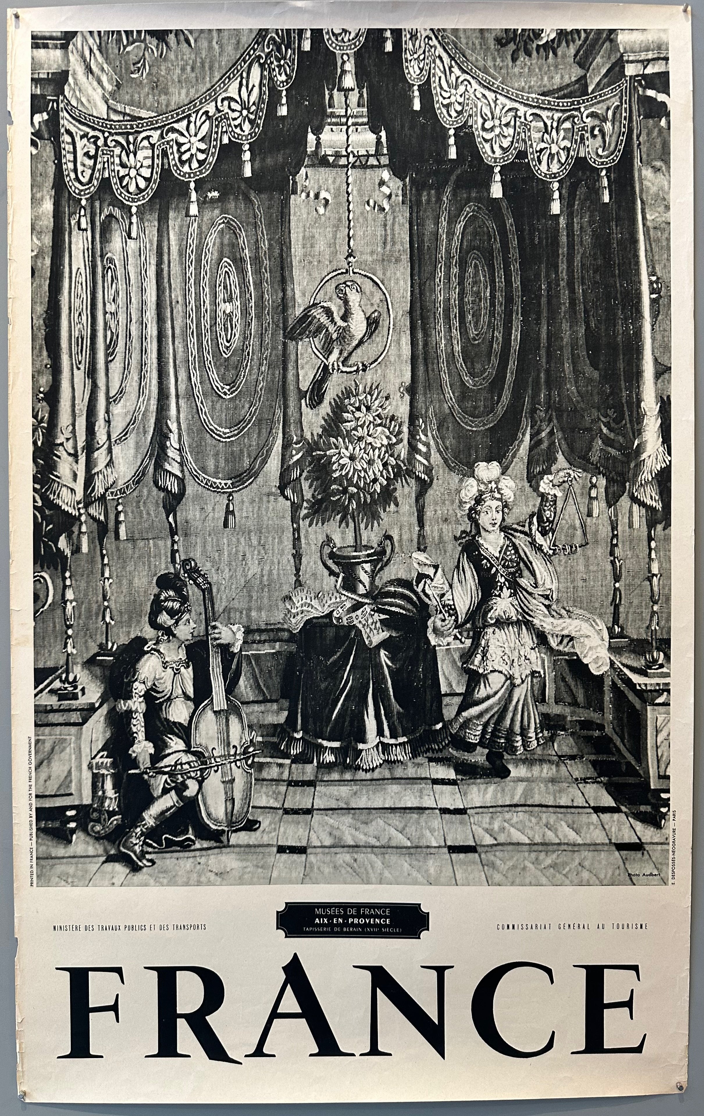 40x25 1950s black and white french travel poster advertising the musee de tapisseries in aix-en-provence featuring photo of 17th century tapestry closeup