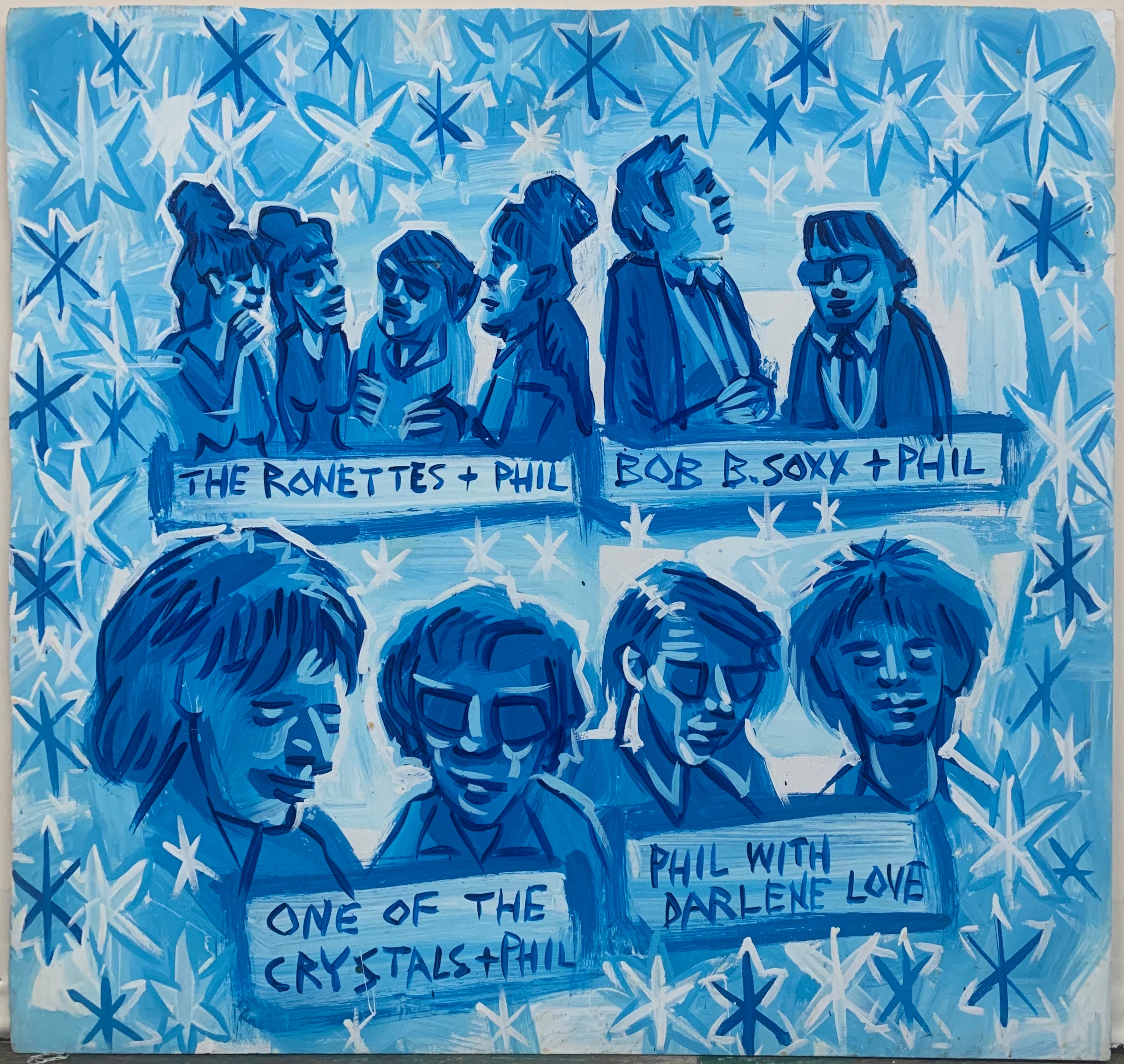 A Steve Keene painting of 60s bands and singers The Ronettes, Bob B. Soxx, The Crystals, and Darlene Love with their producer Phil Spector.
