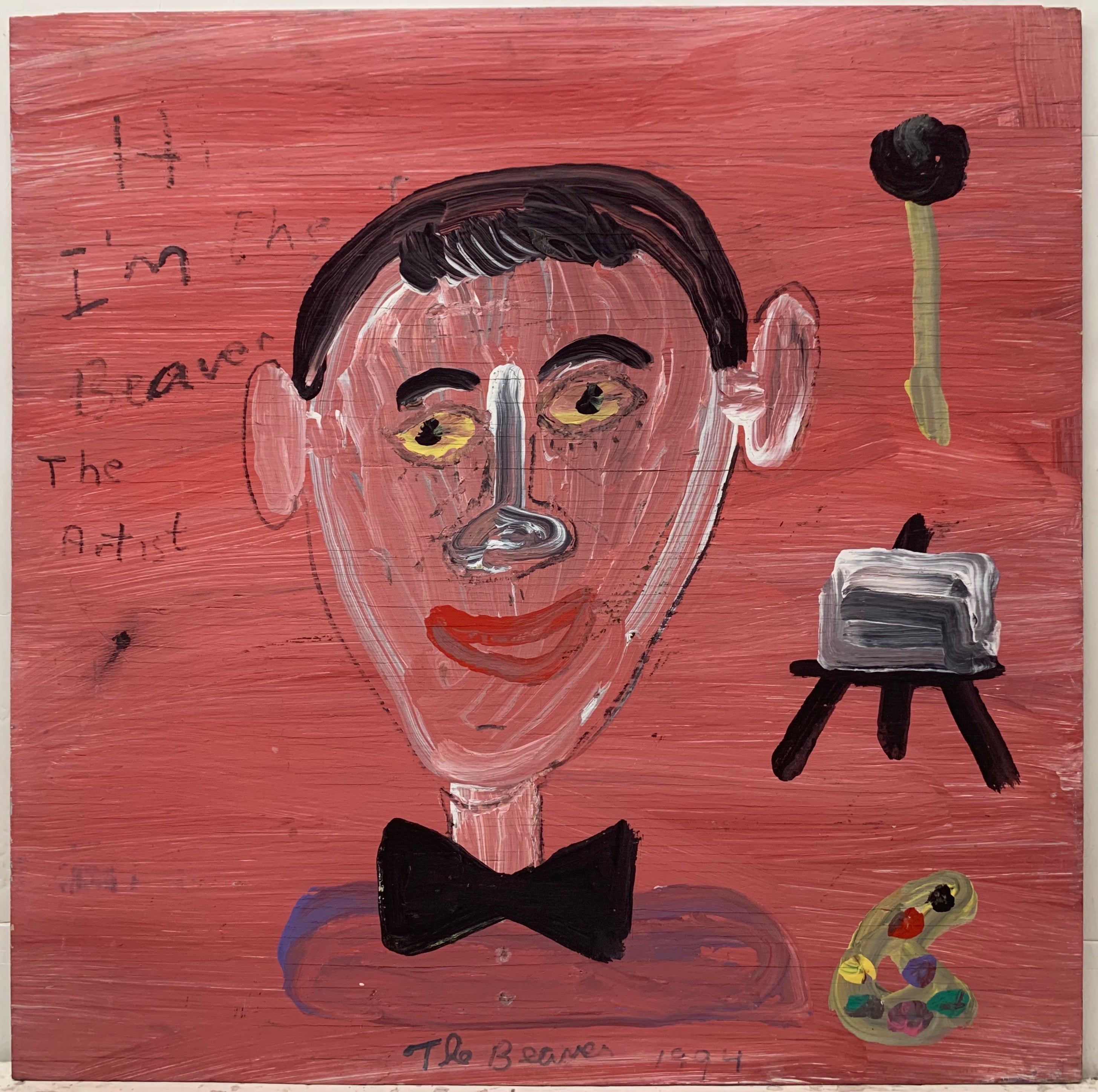 A self-portrait by the Beaver wearing a bowtie and with an easel and palette.
