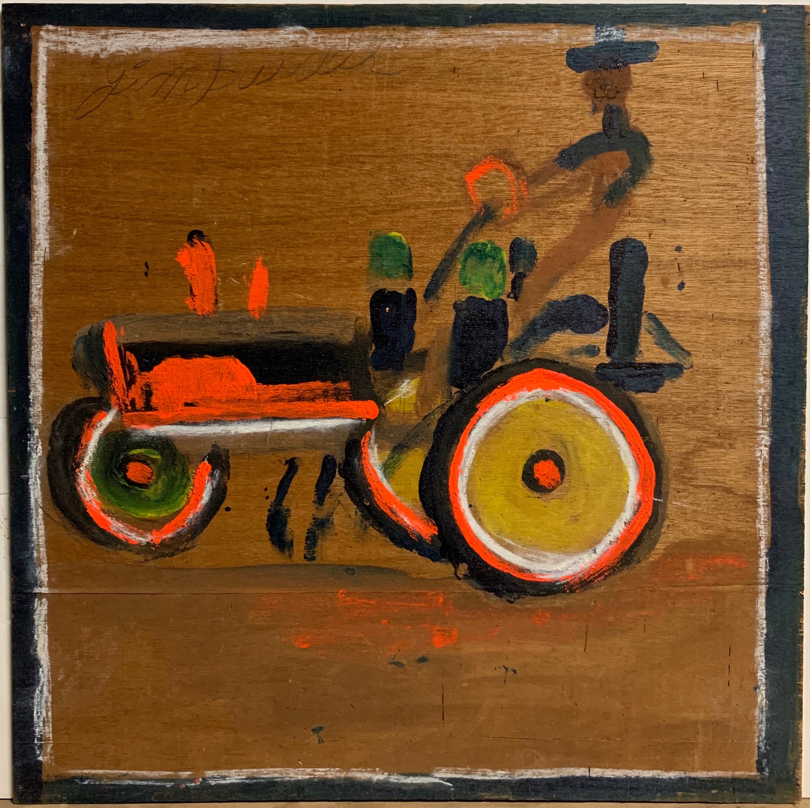 A painting of a farmer driving a neon orange tractor.