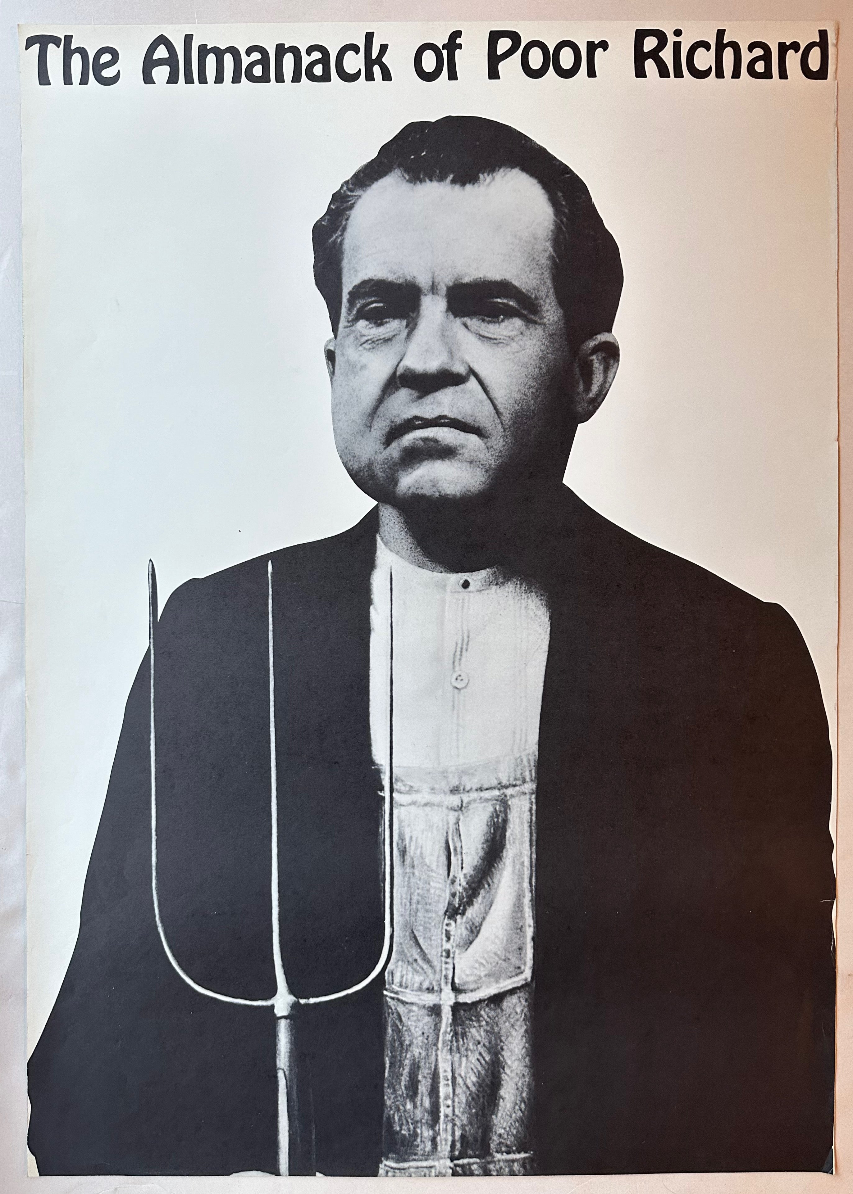 38x25 poster for spoof book the almanack of poor richard, 1968, featuring black and white photo of nixon in overalls with pitchfork and book title above in black