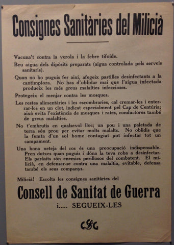 Link to Consignes sanitáries del miliciá. Vacuna't contra la verola i la febre tifoide. / Miliciá! Escolta les consignes sanitáries del consell de sanitat de guerra i segueix-lesCatalonia, 1968 Product