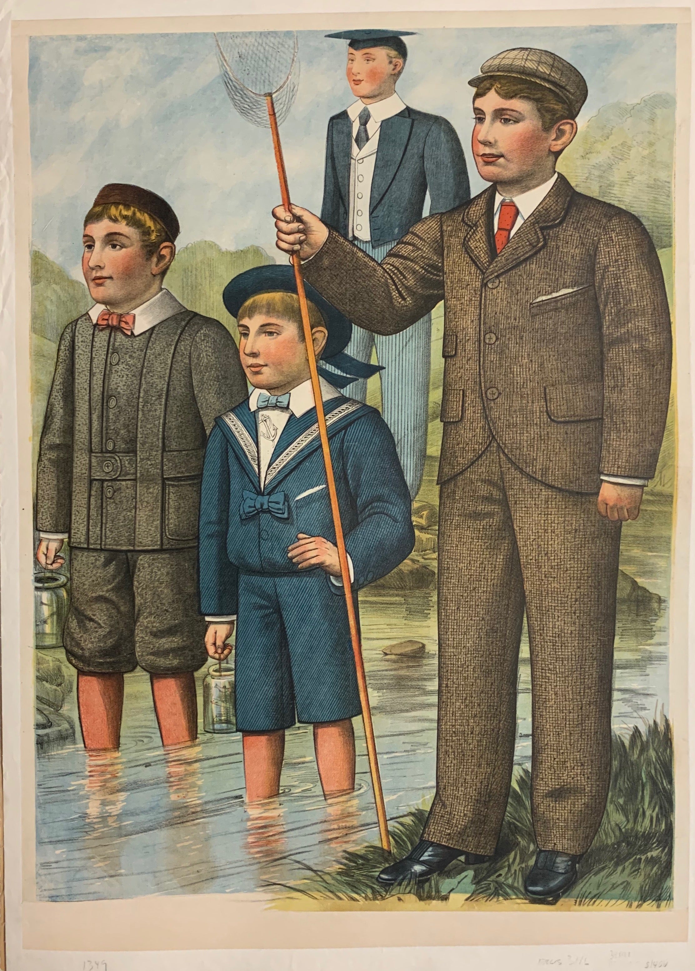 Turn of the Century poster of four schoolboys fishing at a river.