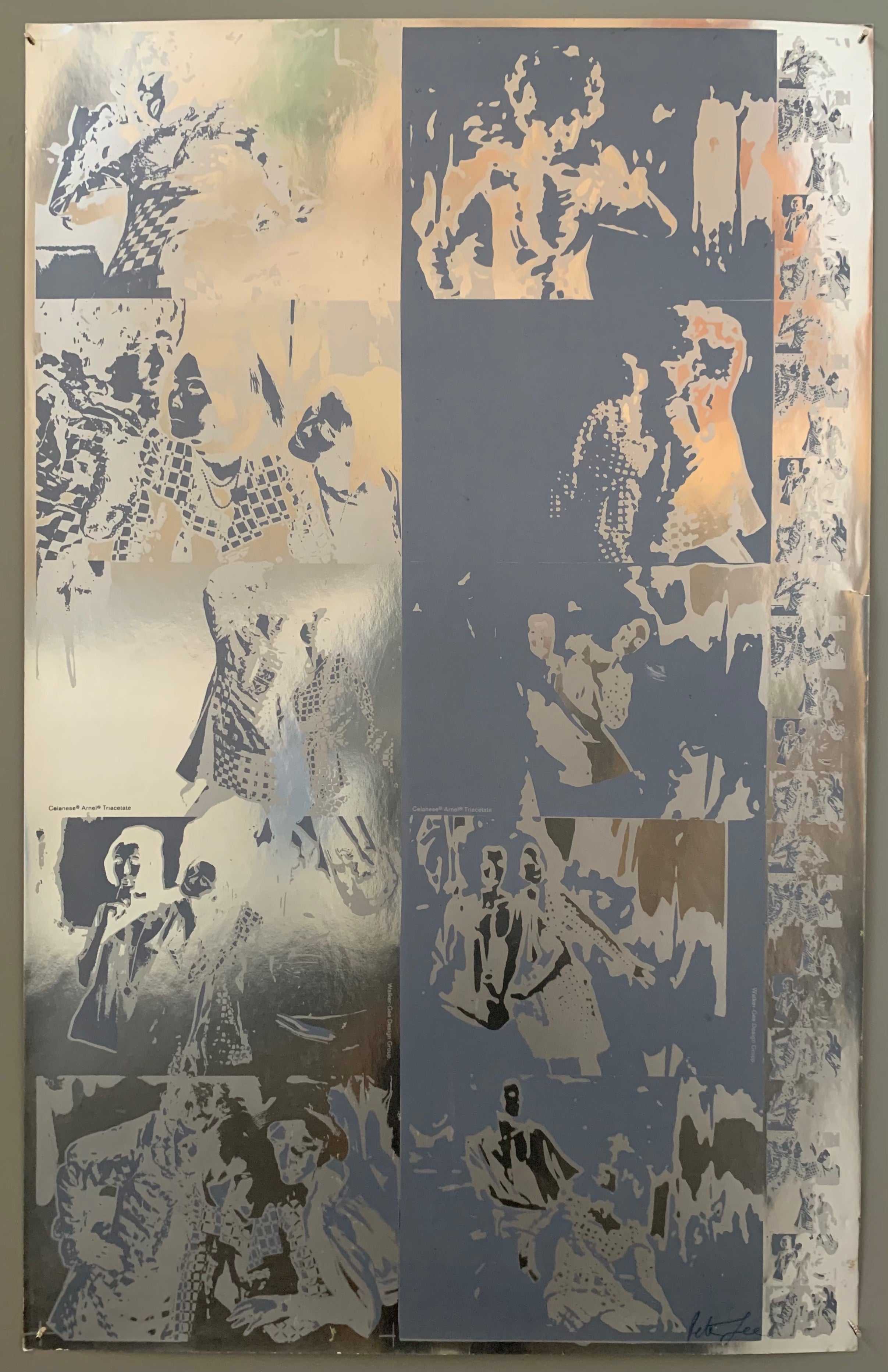 a series of photographs highlighted and shadowed in a pop art style. Mylar mirror-like paper.