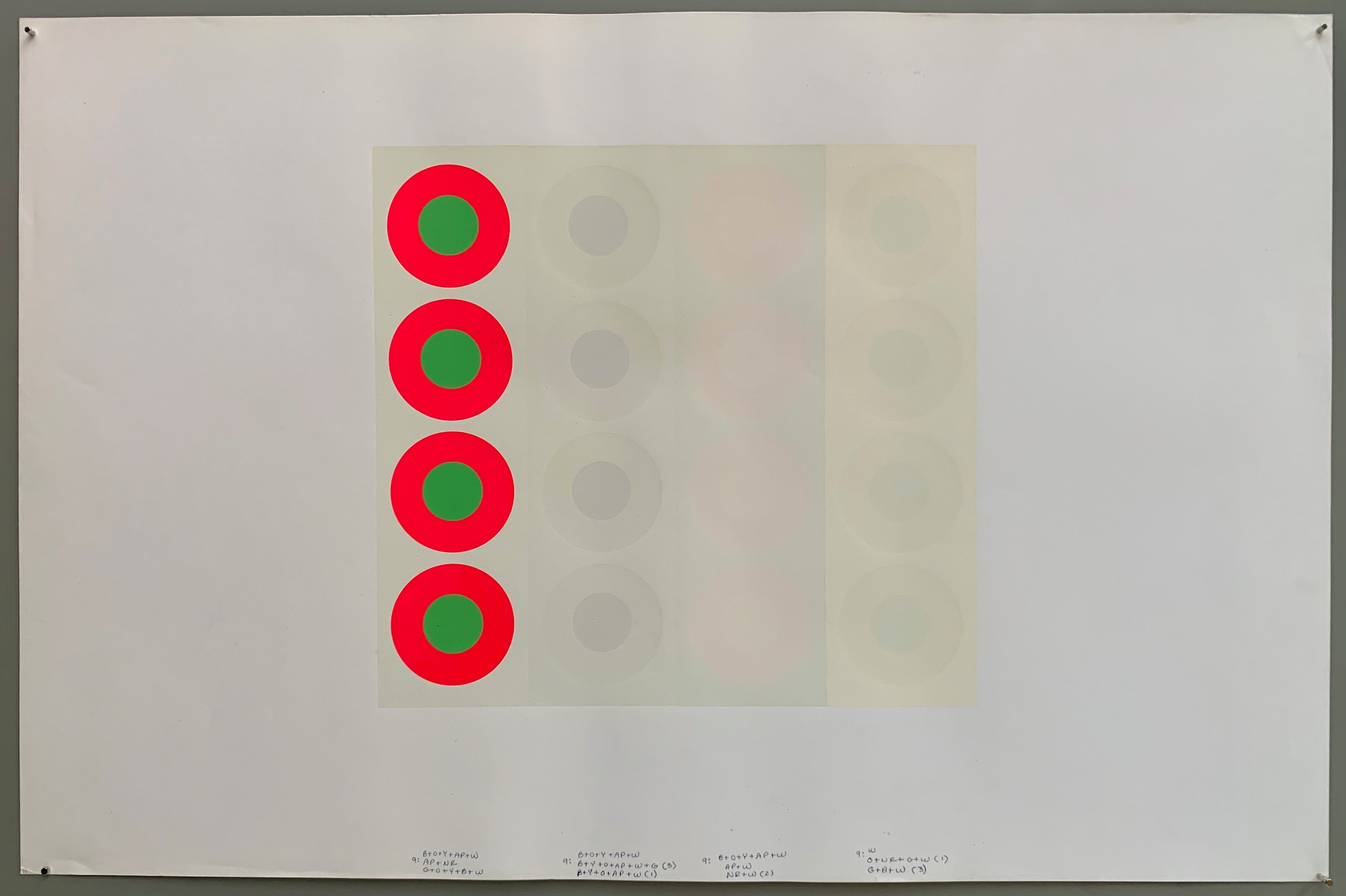 A rectangle made by three panels each holding a line of targets. The colors of this are quite brilliant— creamy whites and grays paired with a pop of neon green on neon pink.