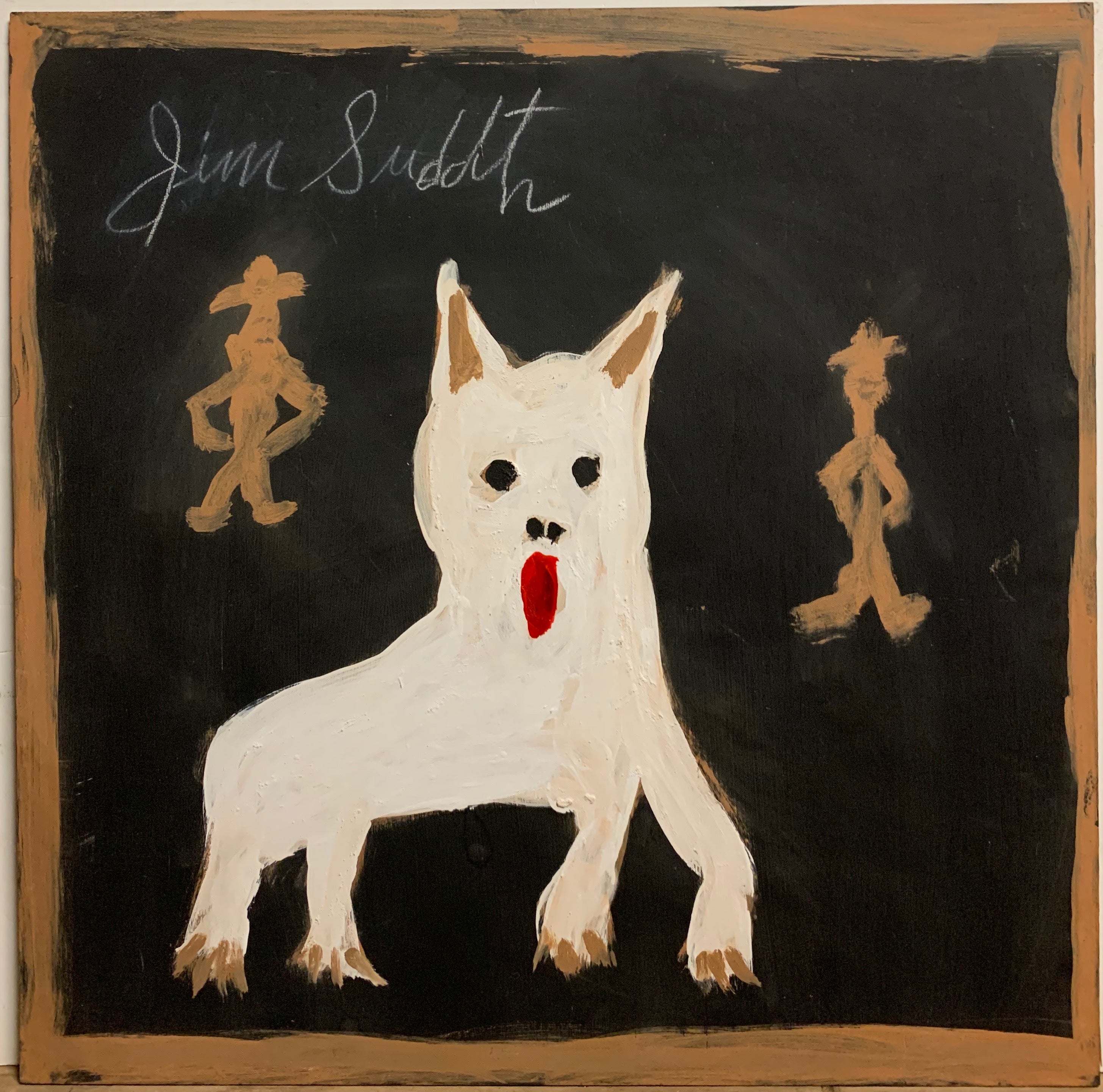 A Jimmie Lee Sudduth painting of his white dog, Toto, and two human silhouettes.