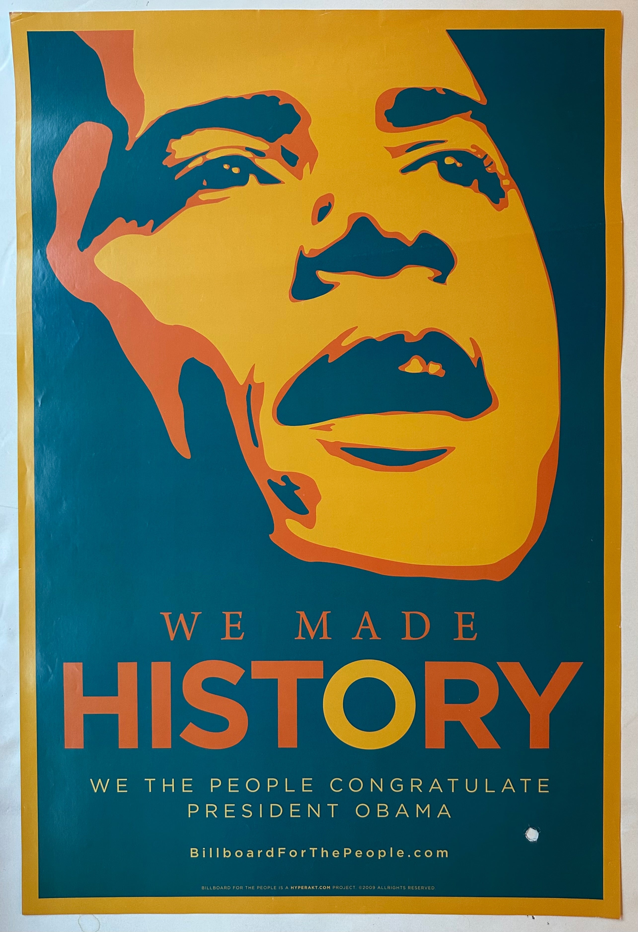 36x24 2009 blue and orange poster congratulating barack obama after 2008 election victory featuring stylized obama face and slogan below