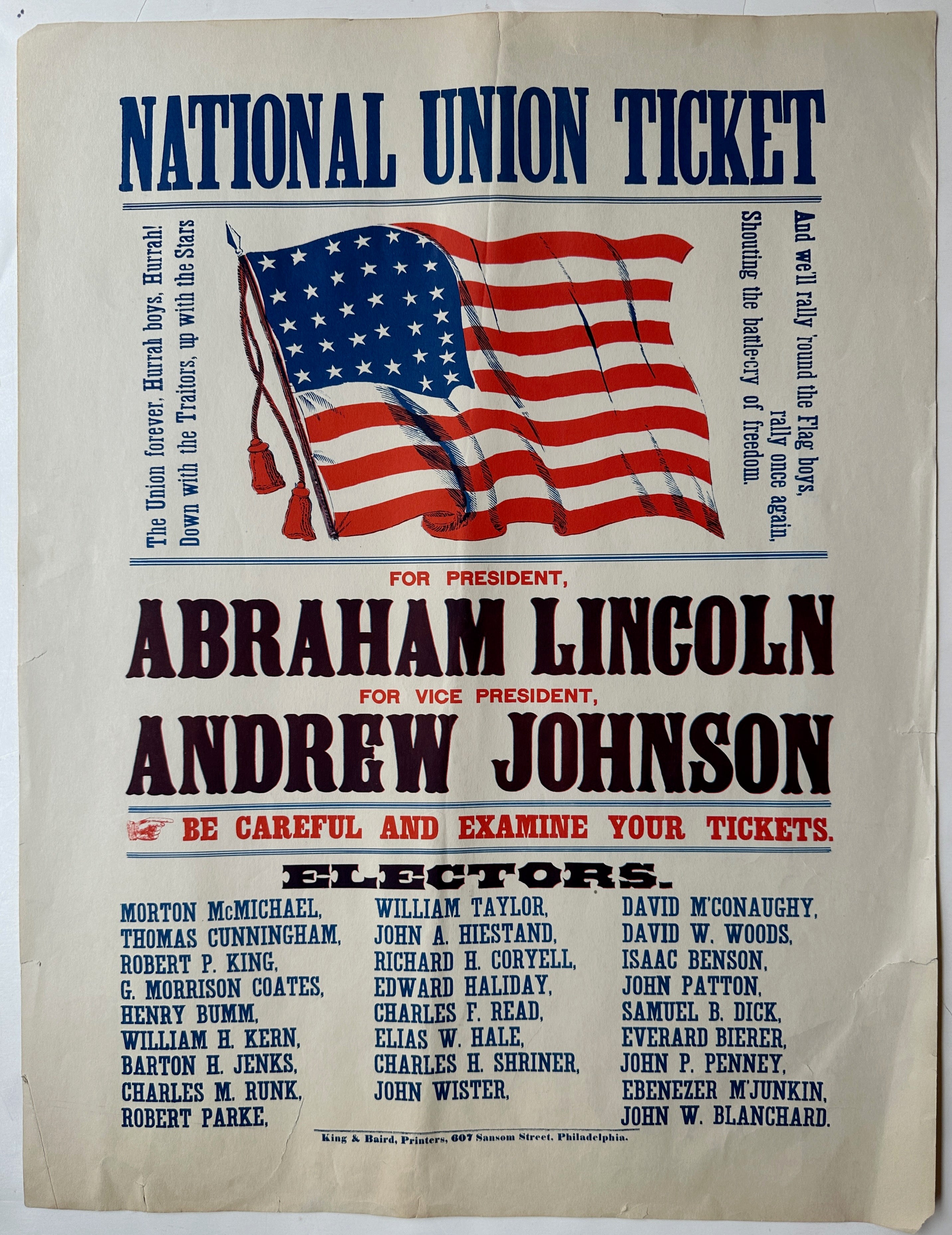 25x19 color poster of national union party ticket for united states presidential elections of 1864, president abraham lincoln and vice president andrew johnson featuring american flag and battle cry of freedom lyrics