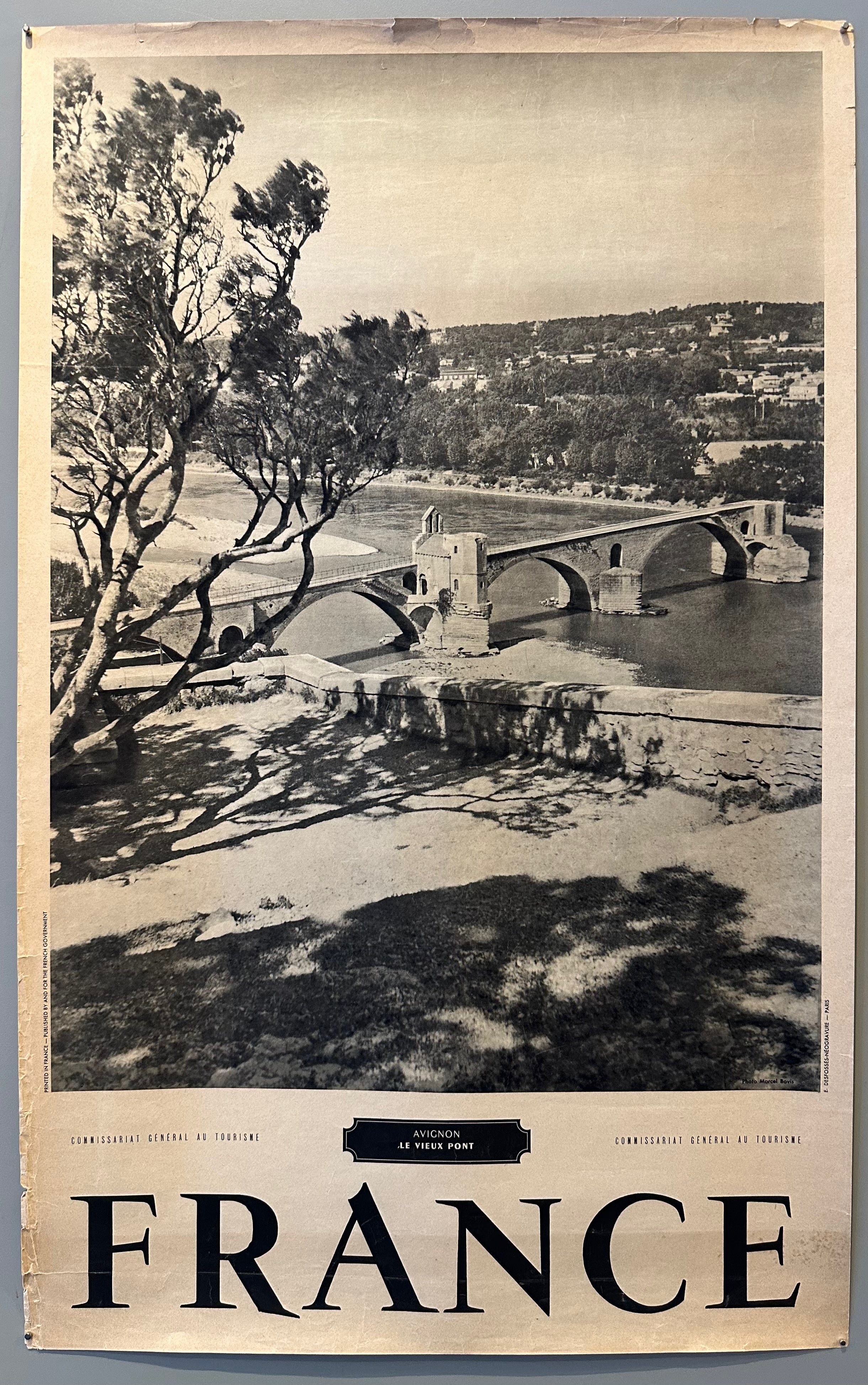 40x25 1950s black and white french travel poster advertising the pont d'avignon featuring photo of the bridge with avignon commune in background