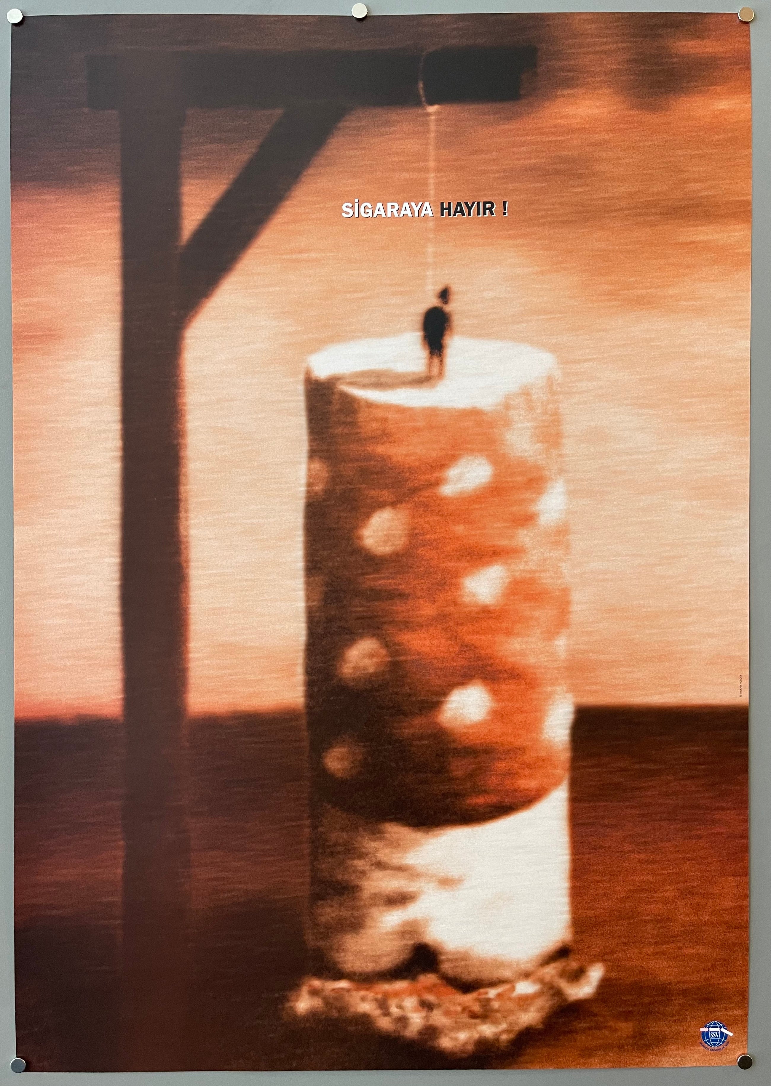 poster of a man hanging above a giant cigarette