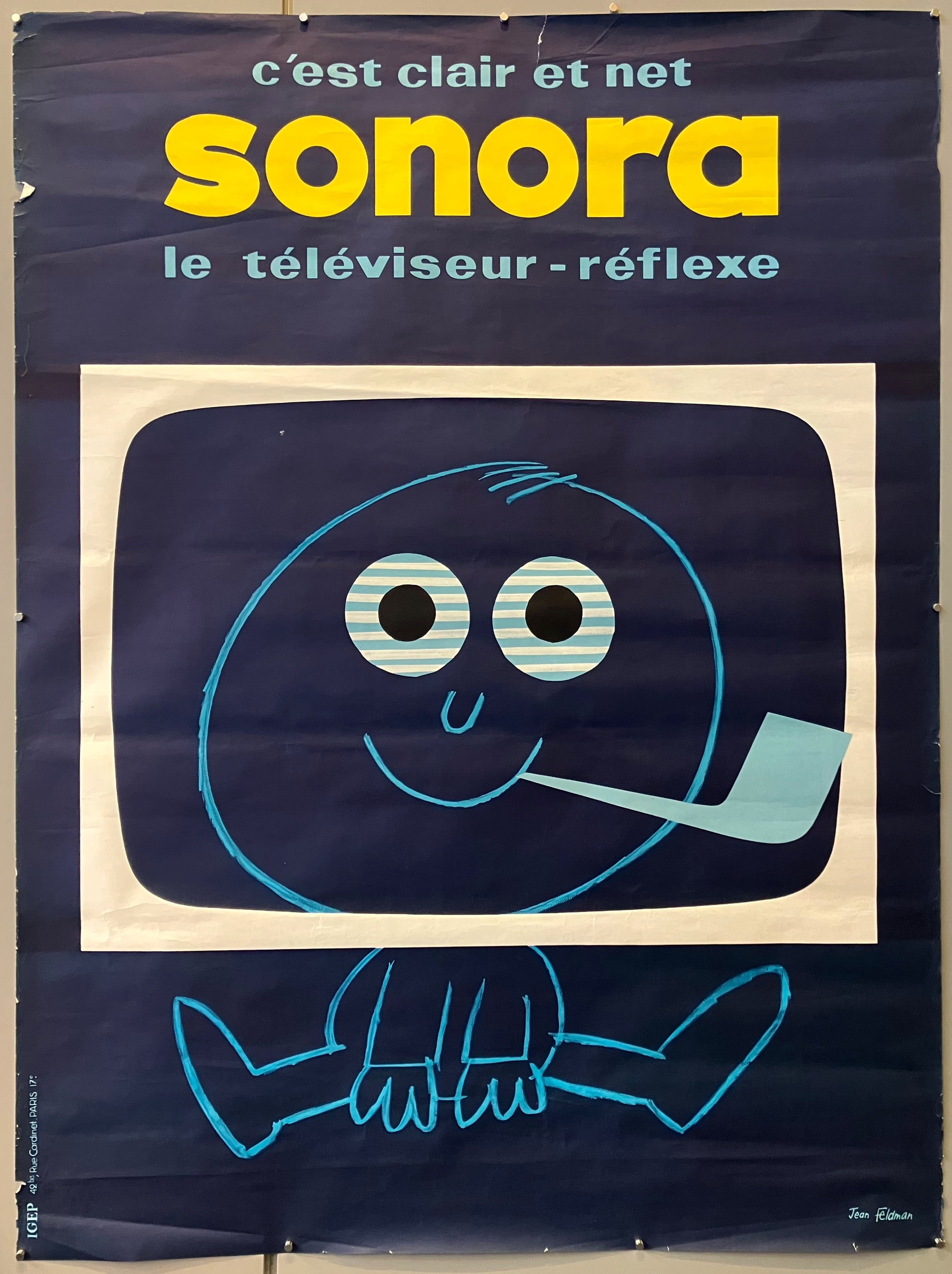 60.5x45 french advertisement poster 1950s advertising sonora television featuring art of smiling baby with pipe in mouth at tv screen