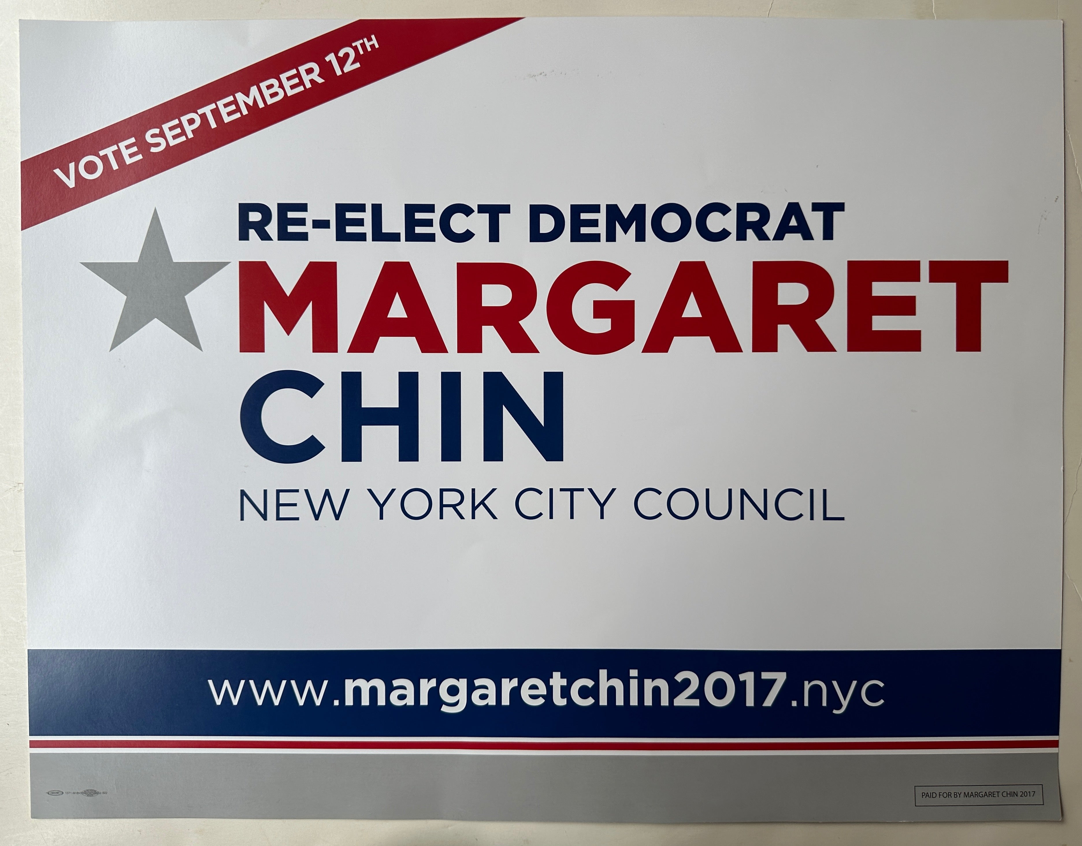 17x22 horizontal red, white, and blue paper sign for Margaret Chin's city council election