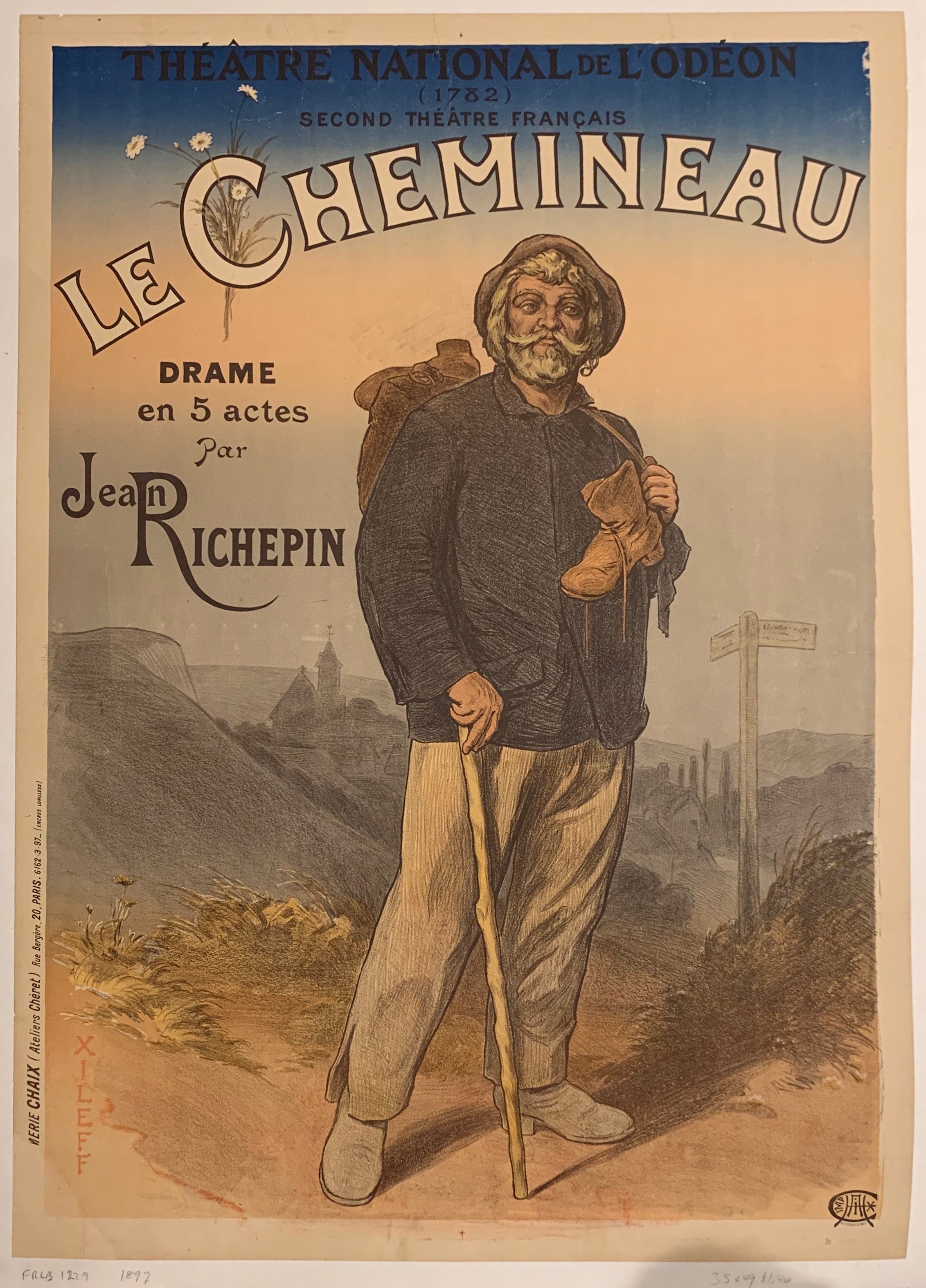 Turn of the Century poster of an elderly man on a hill, holding a walking stick in one hand and the strap of his backpack in the other.