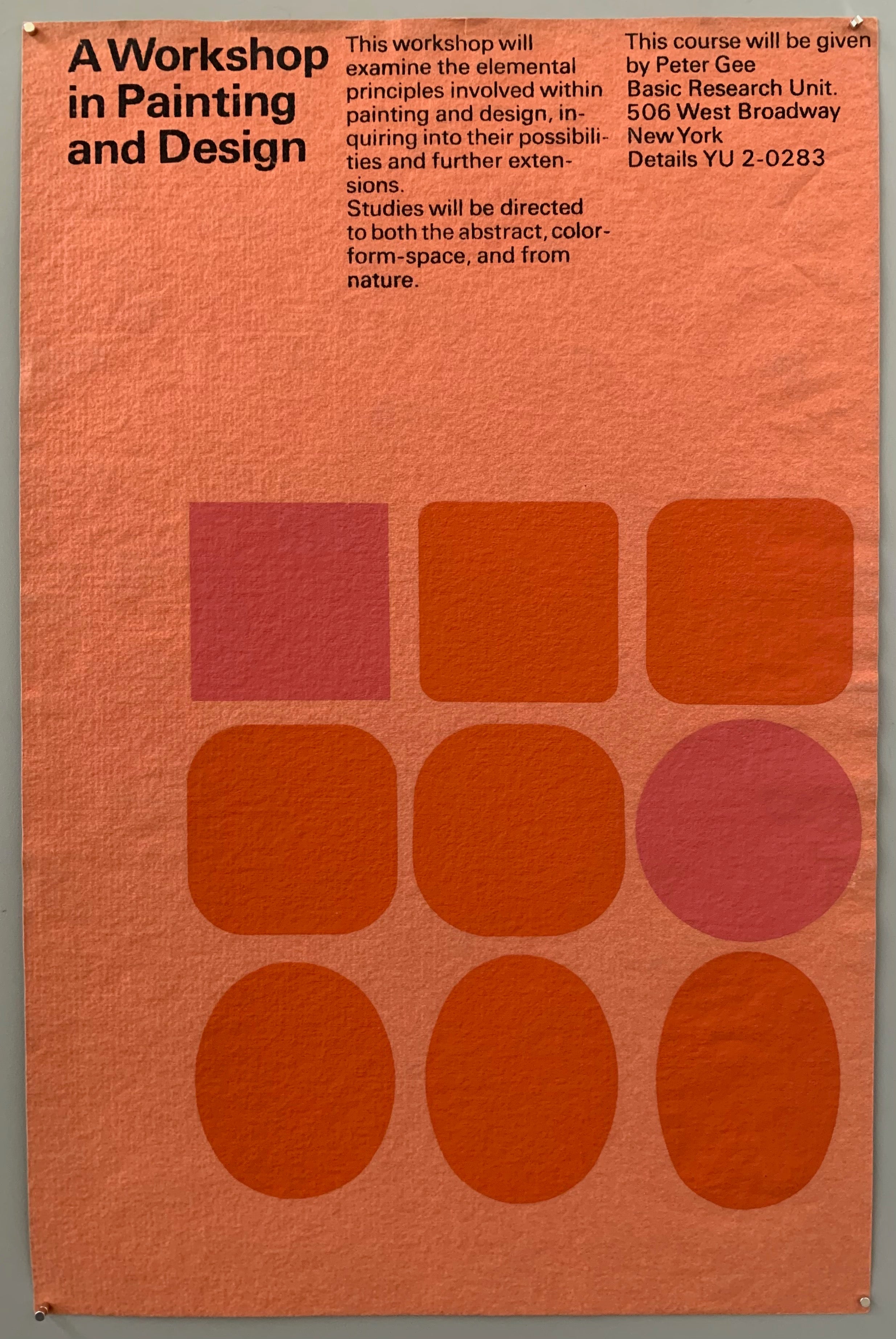 Salmon colored poster with red squares and ovals