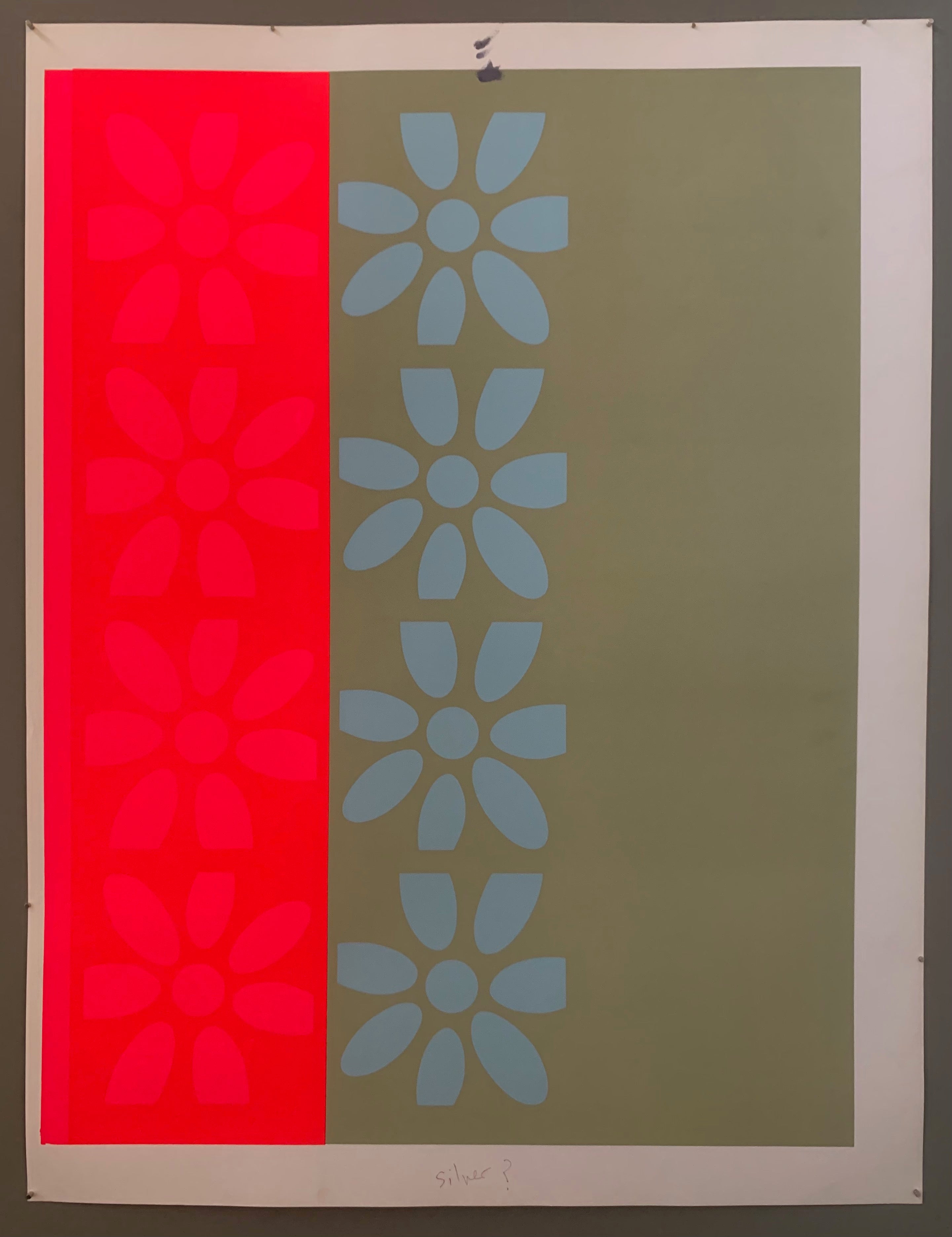 two panels of his famous flower motif. On the left side, neon pink flowers in a shade of neon pink only slightly lighter than the background. On the right, a light blue panel on a tan background next to a blank panel.
