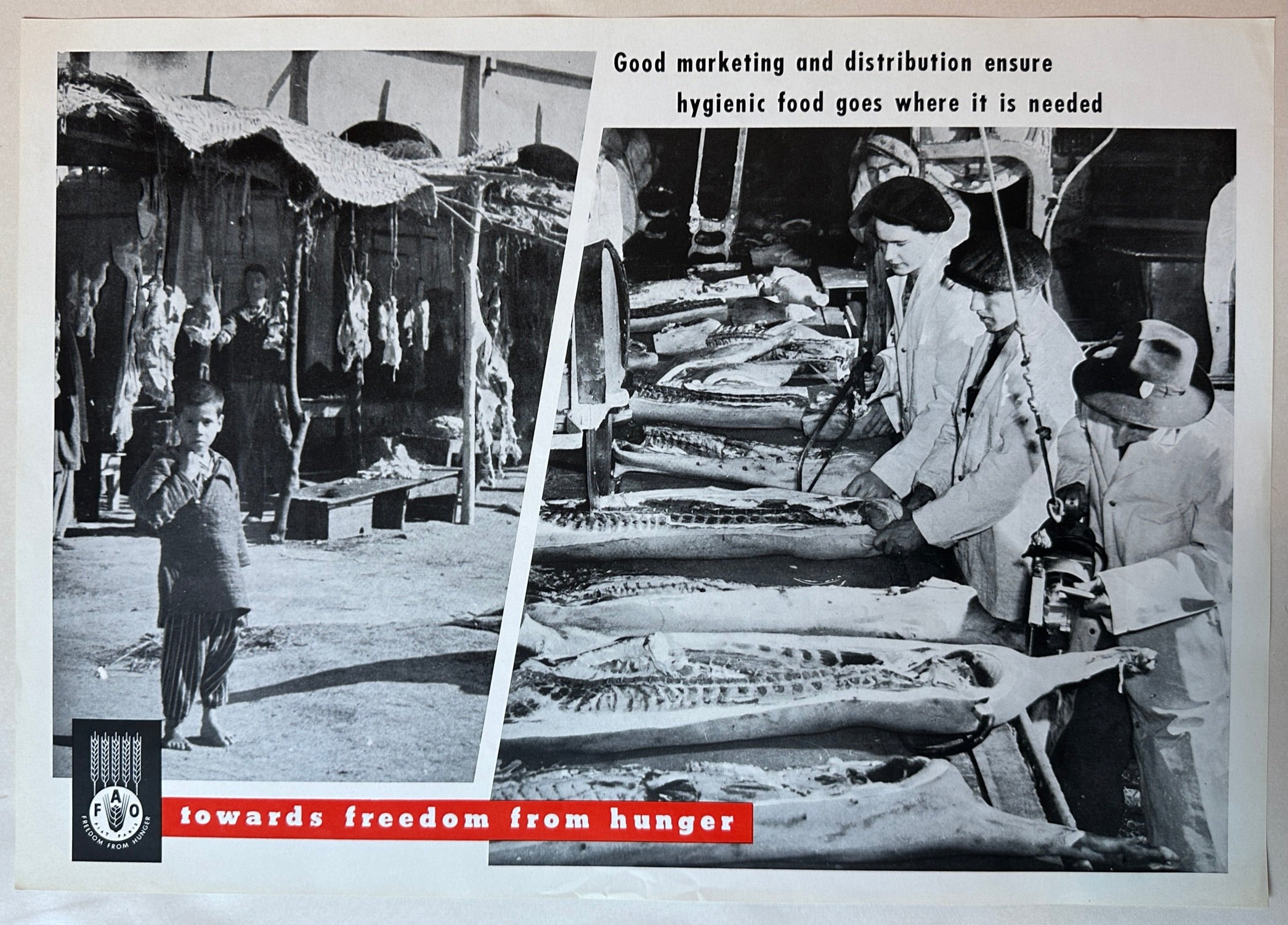 20x14 1960s FAO freedom from hunger campaign poster featuring disorganized vs controlled food market