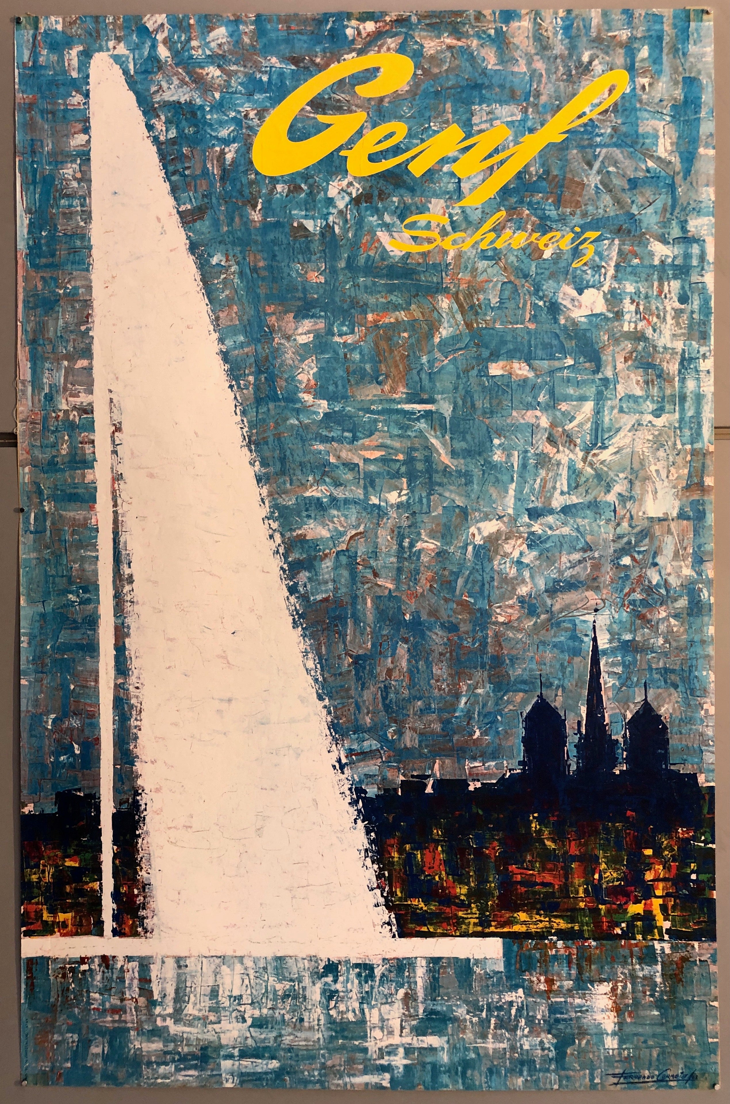 Poster of a fountain before a silhouette of the Geneva skyline