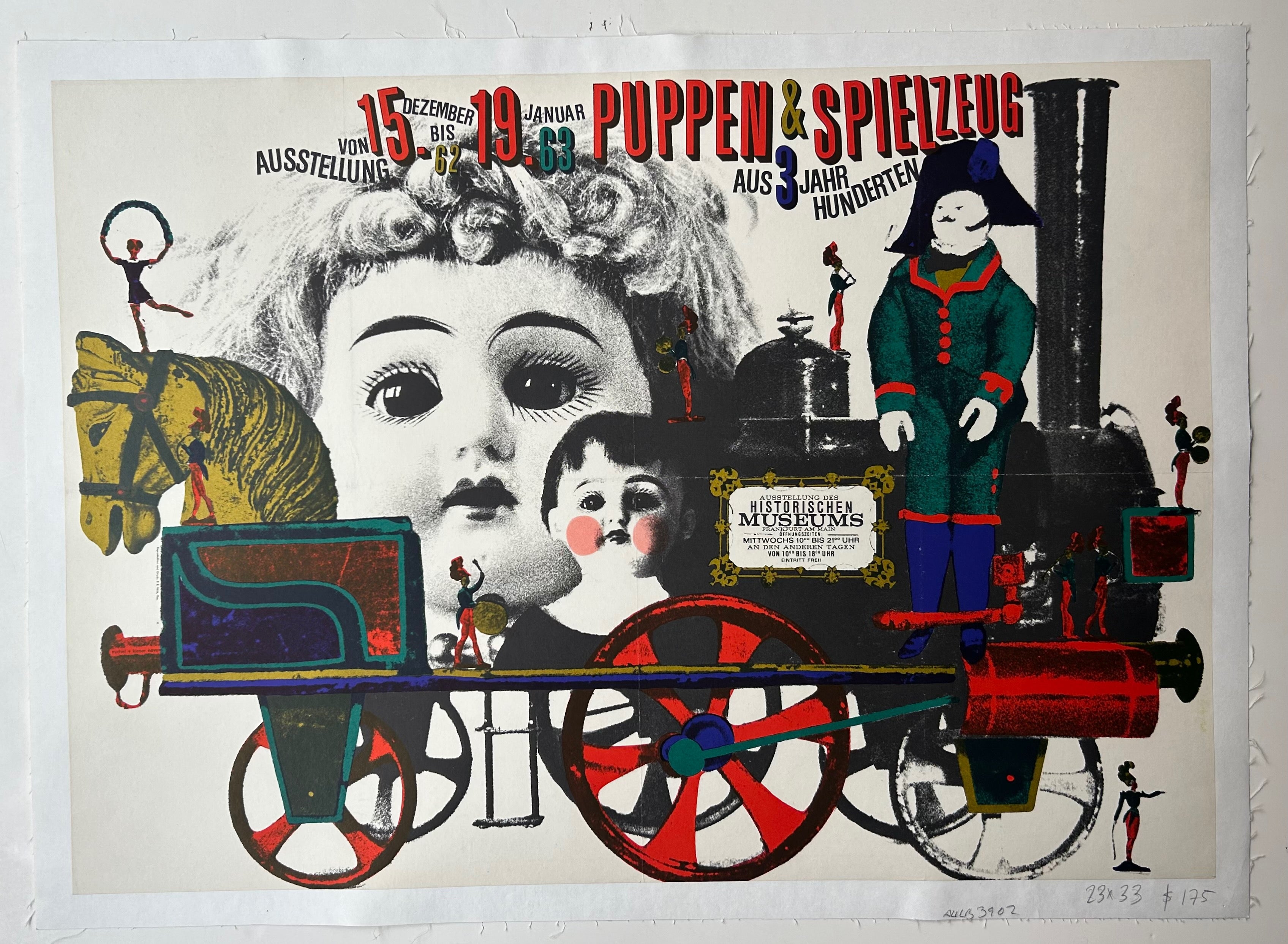 23x33 1962 poster promoting exhibition on 300 years of toys and dolls at historical museum in frankfurt, featuring various pictures overlayed of old horse and train toy, dolls