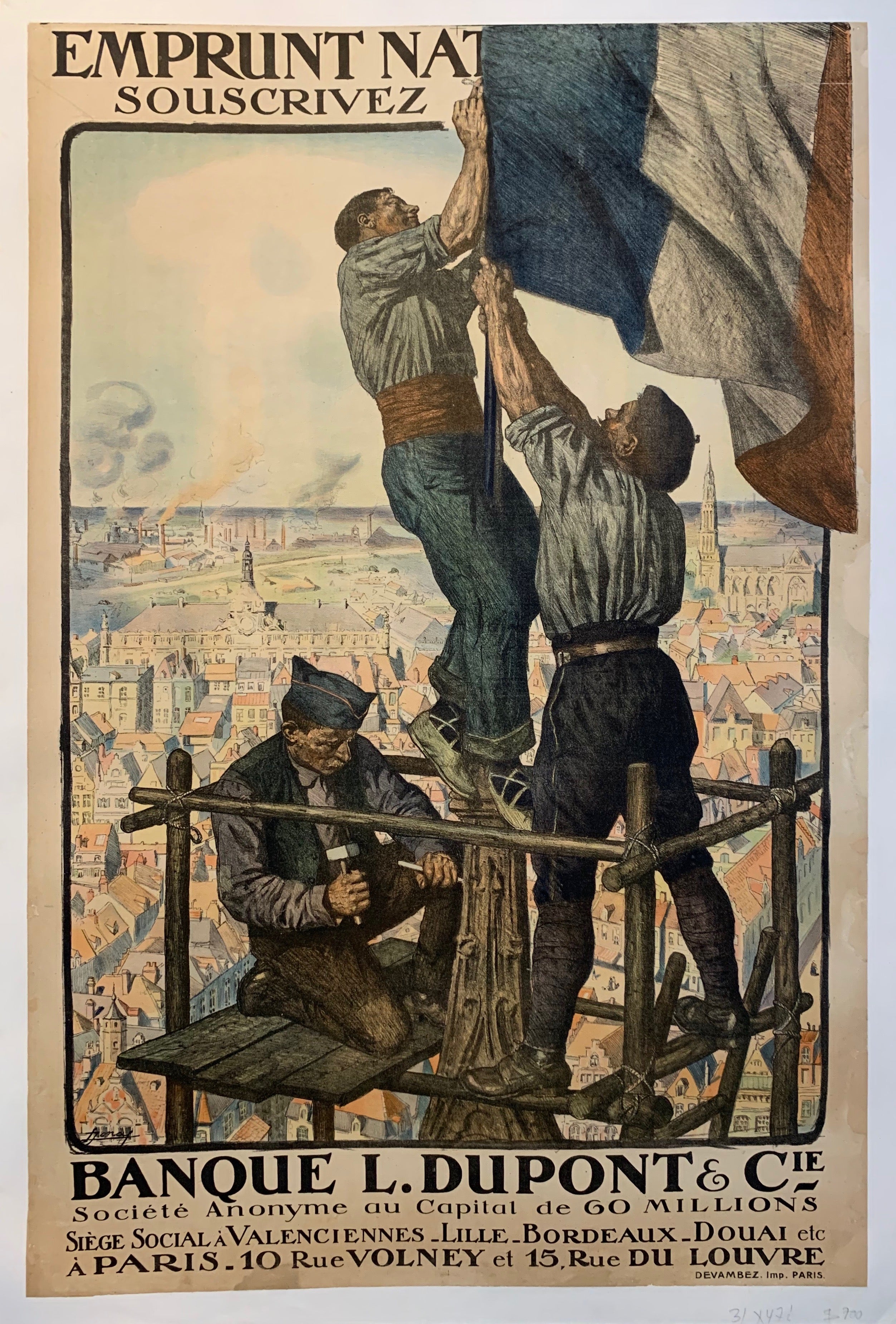 A sketch of three boys putting up a french flag on a spire, with the writing on the top and the bottom of the print.